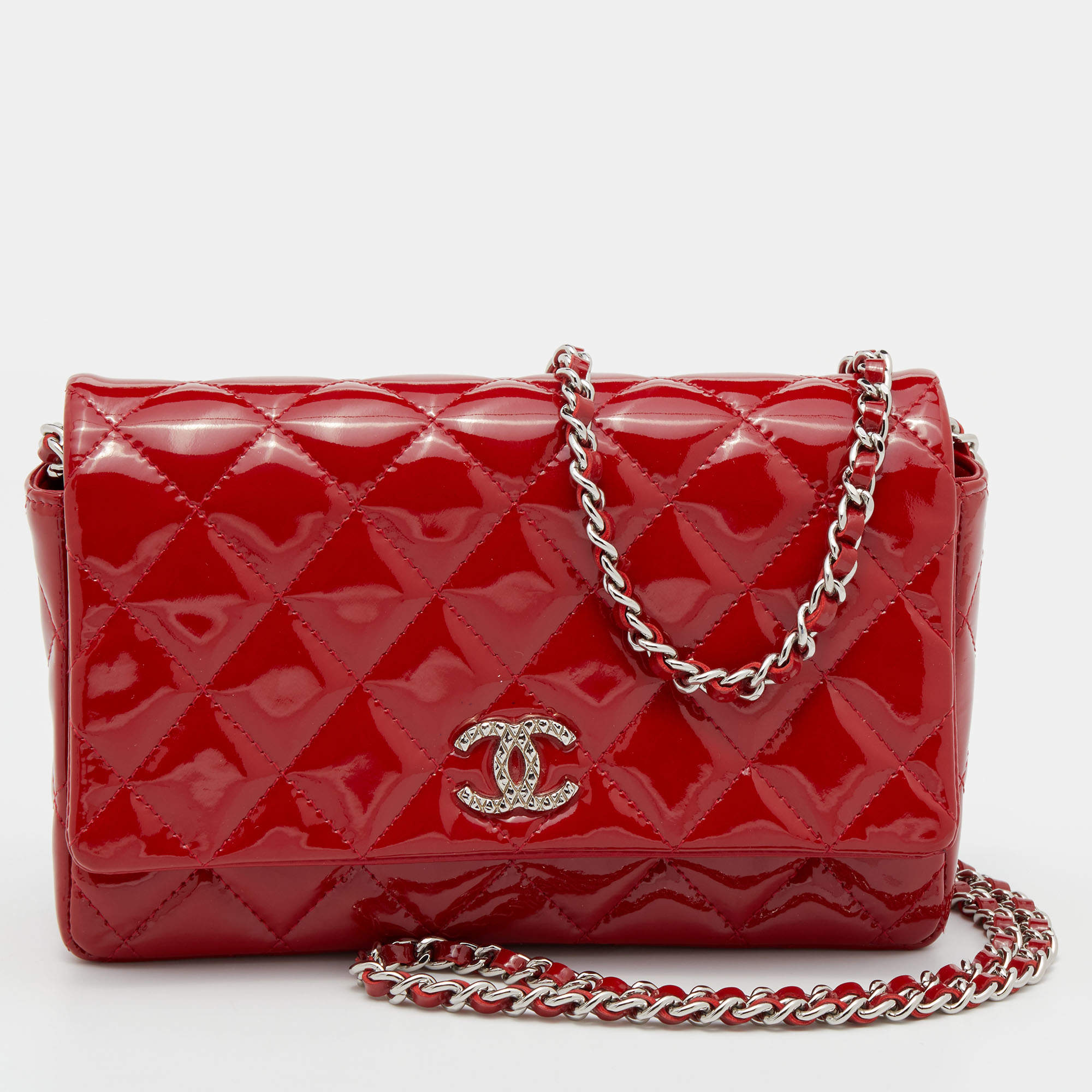 Chanel Red Quilted Patent Leather CC Wallet on Chain