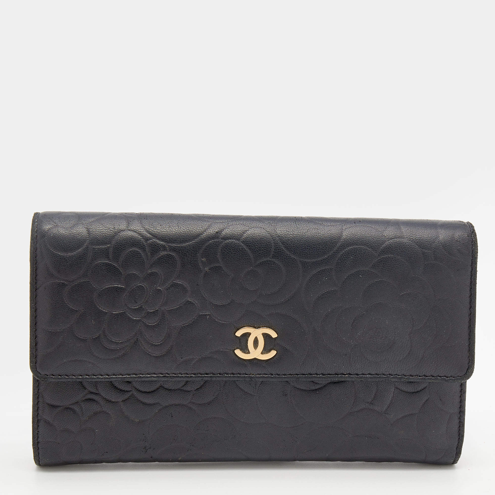 مملوكة مسبقًا محفظة شانيل كاميليا جلد أسود بقلاب