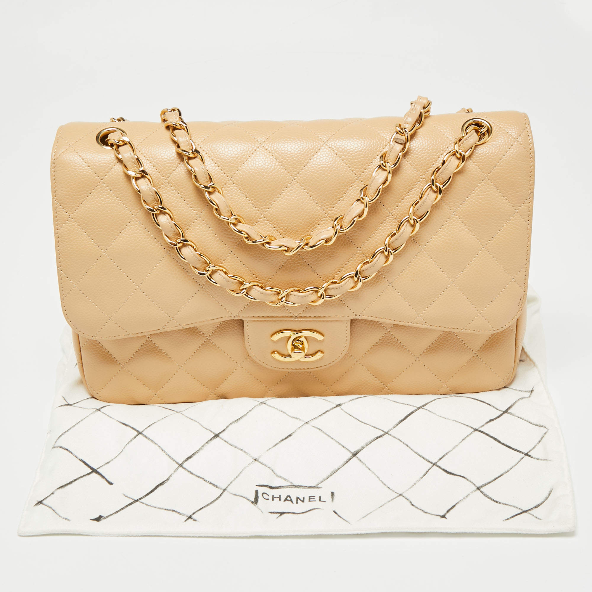 Chanel Beige Quilted Caviar Leather Jumbo Classic Double Flap Bag Chanel