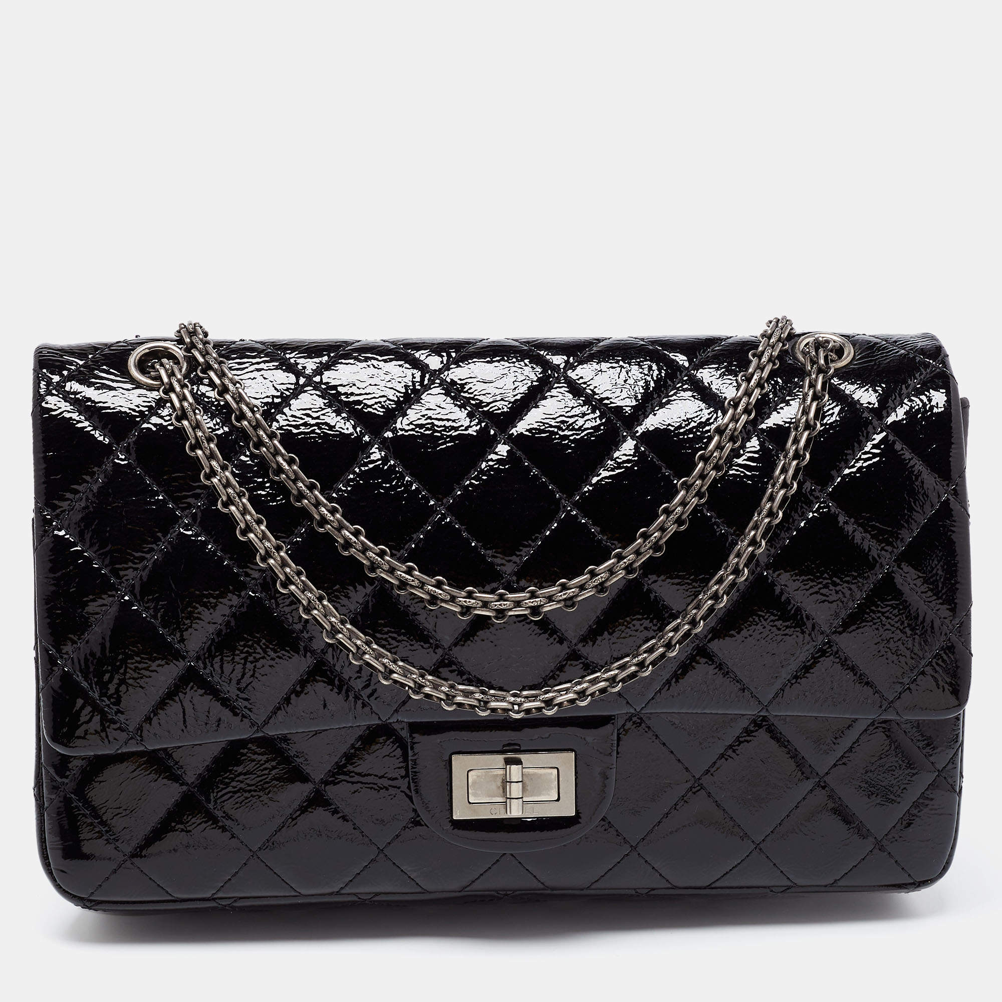 Pre Owned Chanel Black Quilted Patent Leather Reissue 2.55 Classic 227 Flap Bag