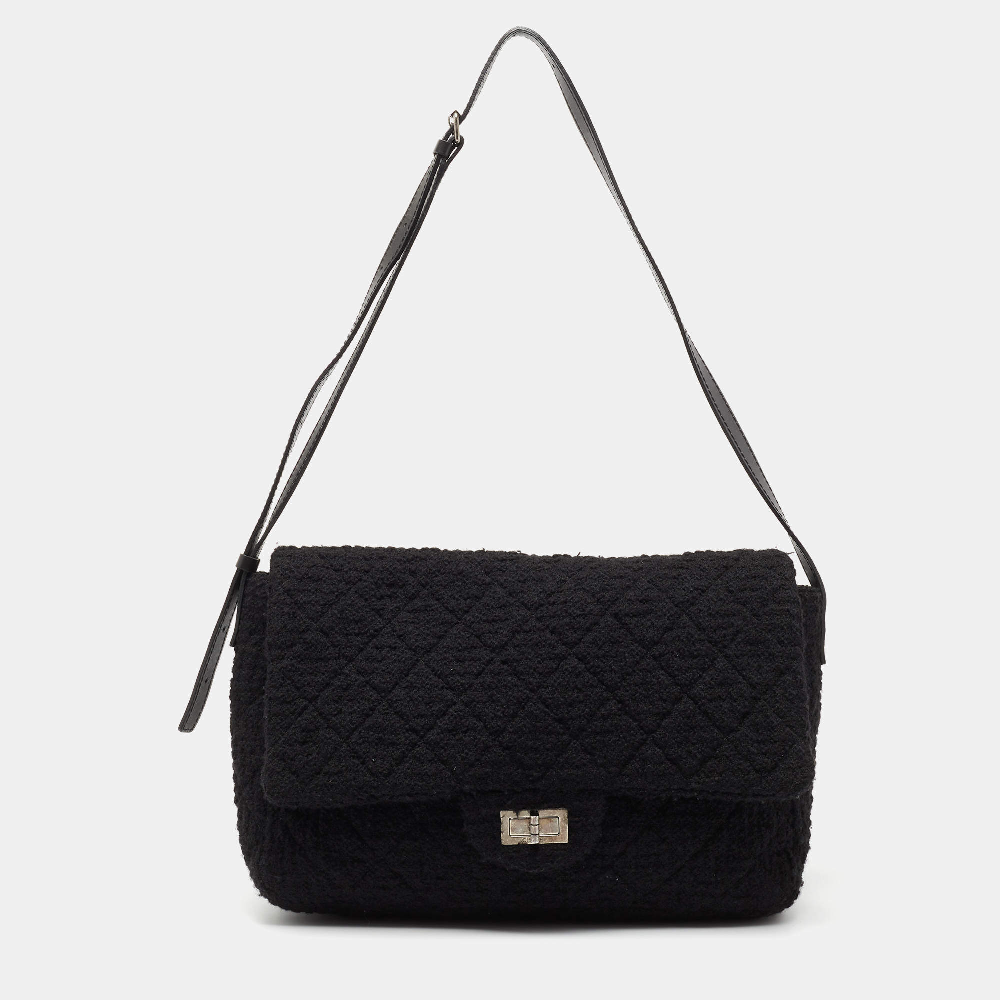 Pre Owned Chanel Black Quilted Tweed Reissue 2.55 XL Flap Bag