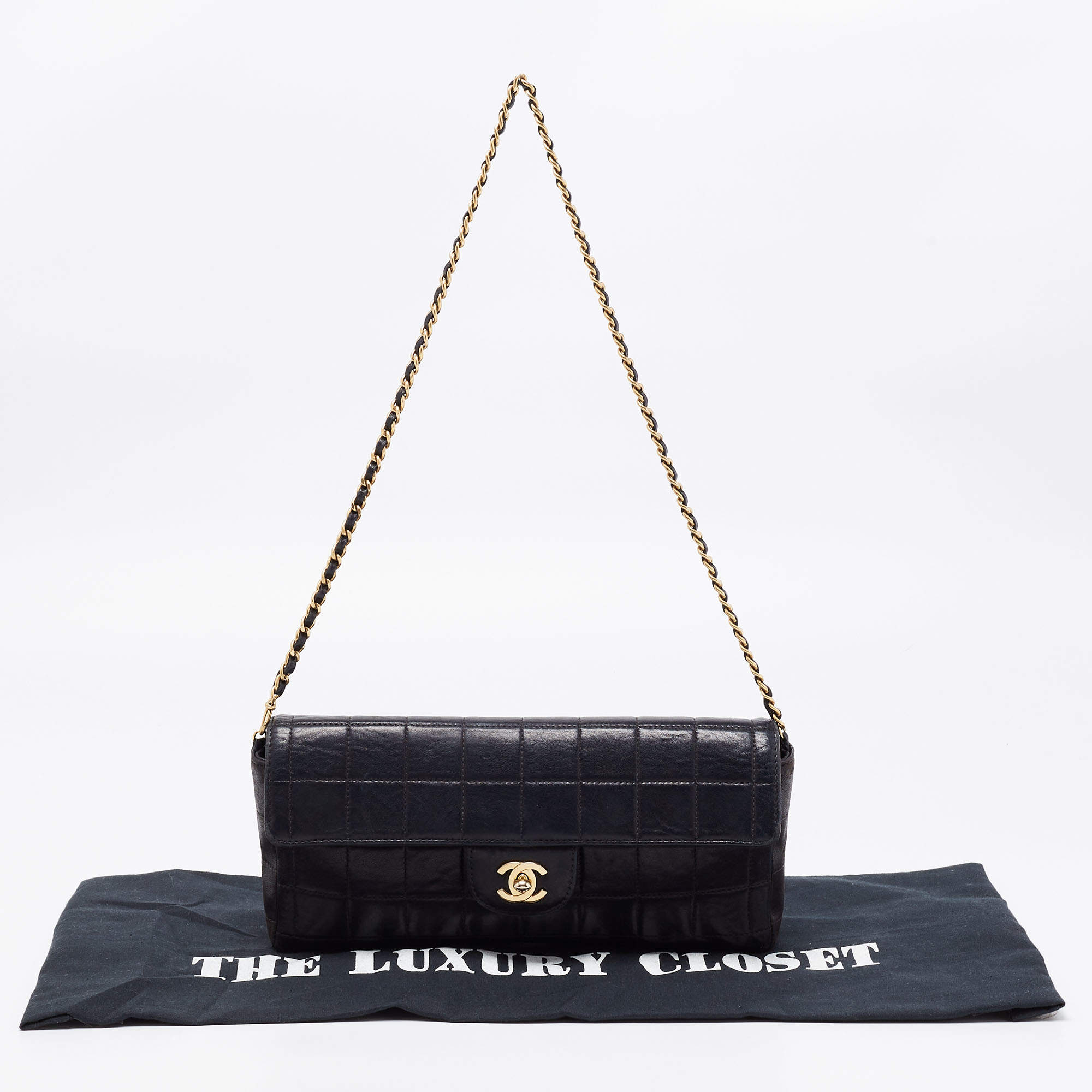 Chanel Black Chocolate Bar Quilted Fabric CC East West Flap Bag Chanel
