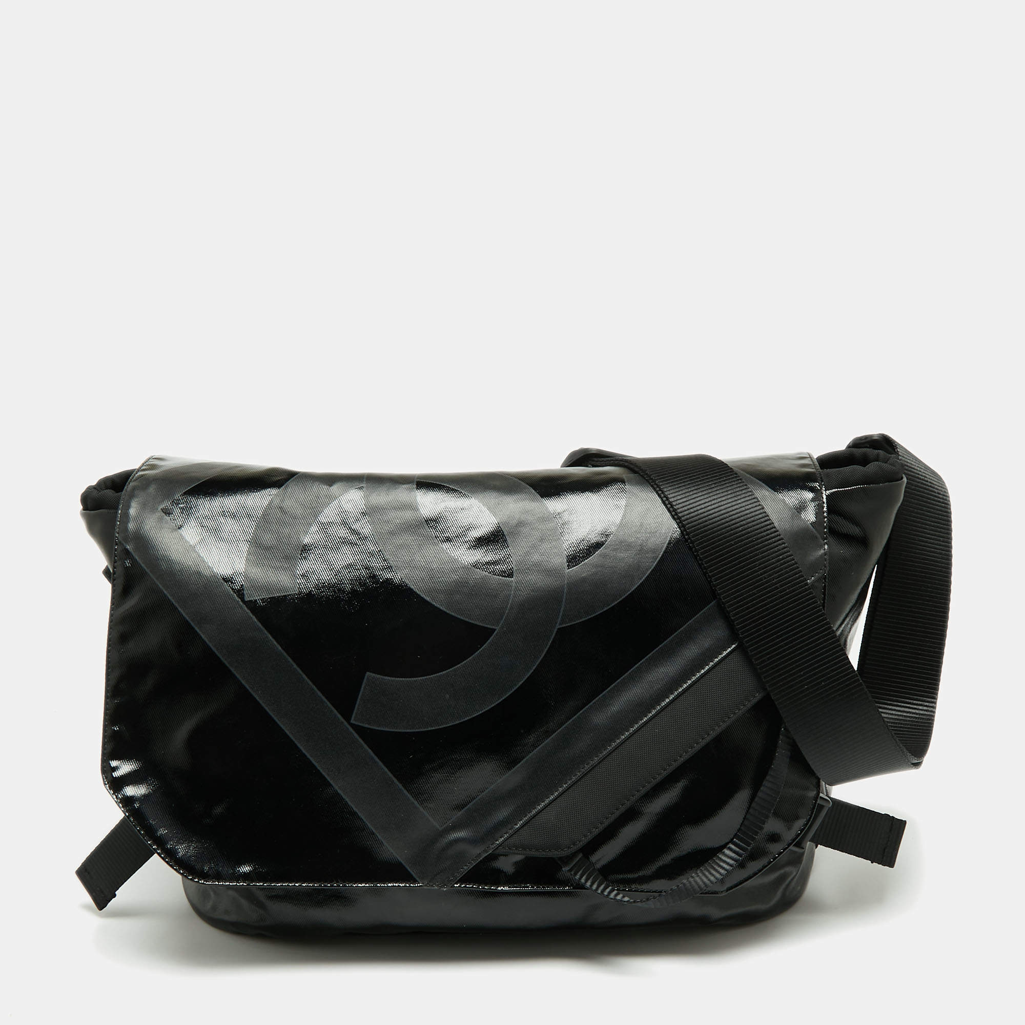 Chanel Black Patent Nylon CC Flap Messenger Bag