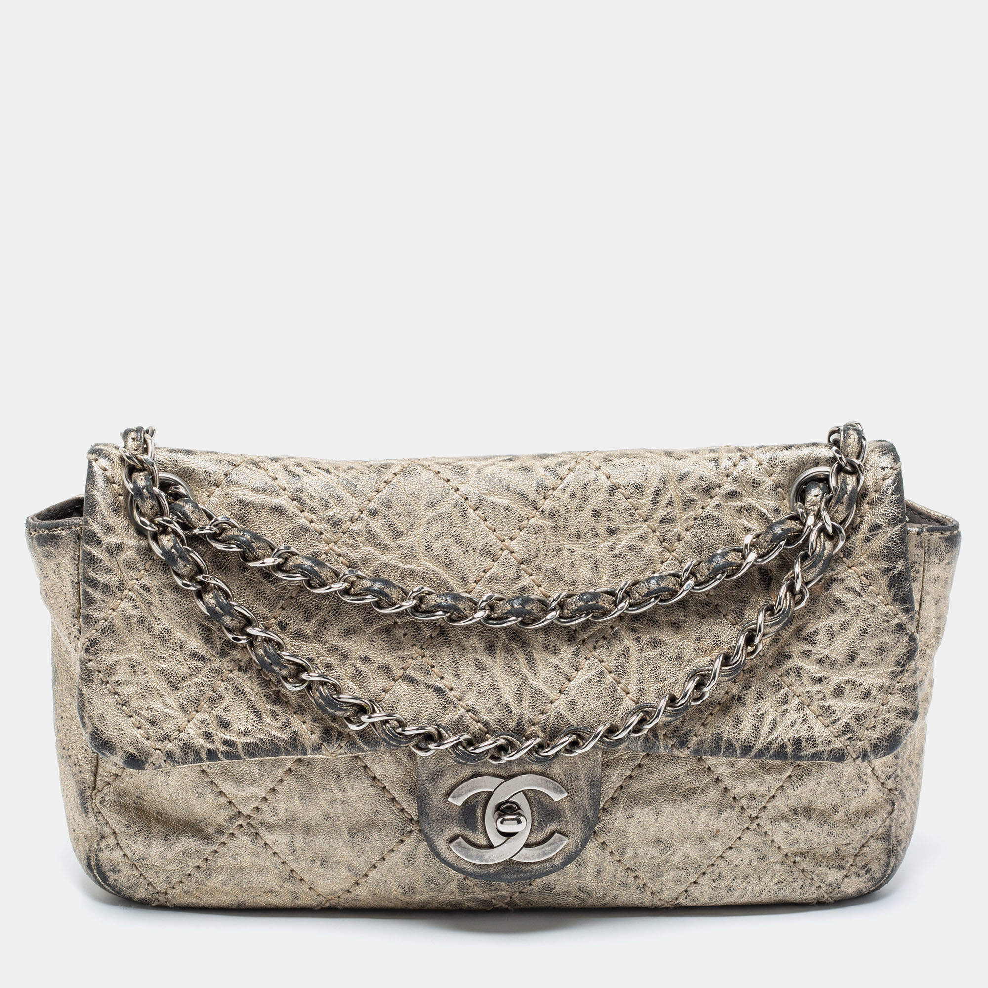Pre Owned Chanel Light Gold Crinkled Leather Medium Classic Single Flap Bag