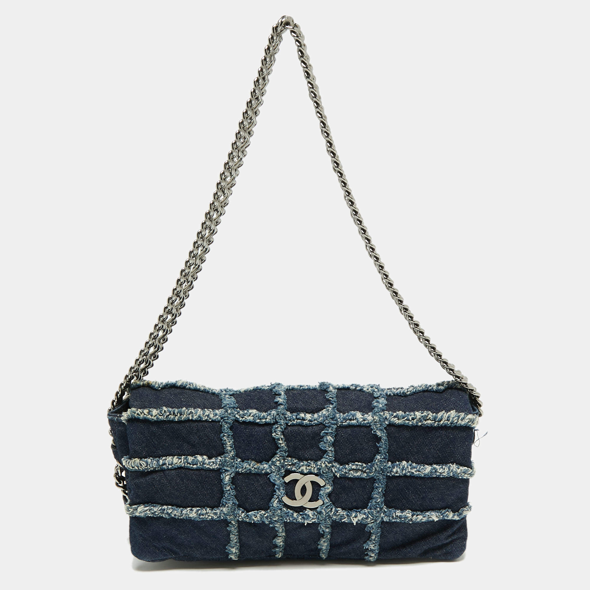 مملوكة مسبقًا Chanel Navy Blue Cube Quilted Denim Triple Chain Flap Bag