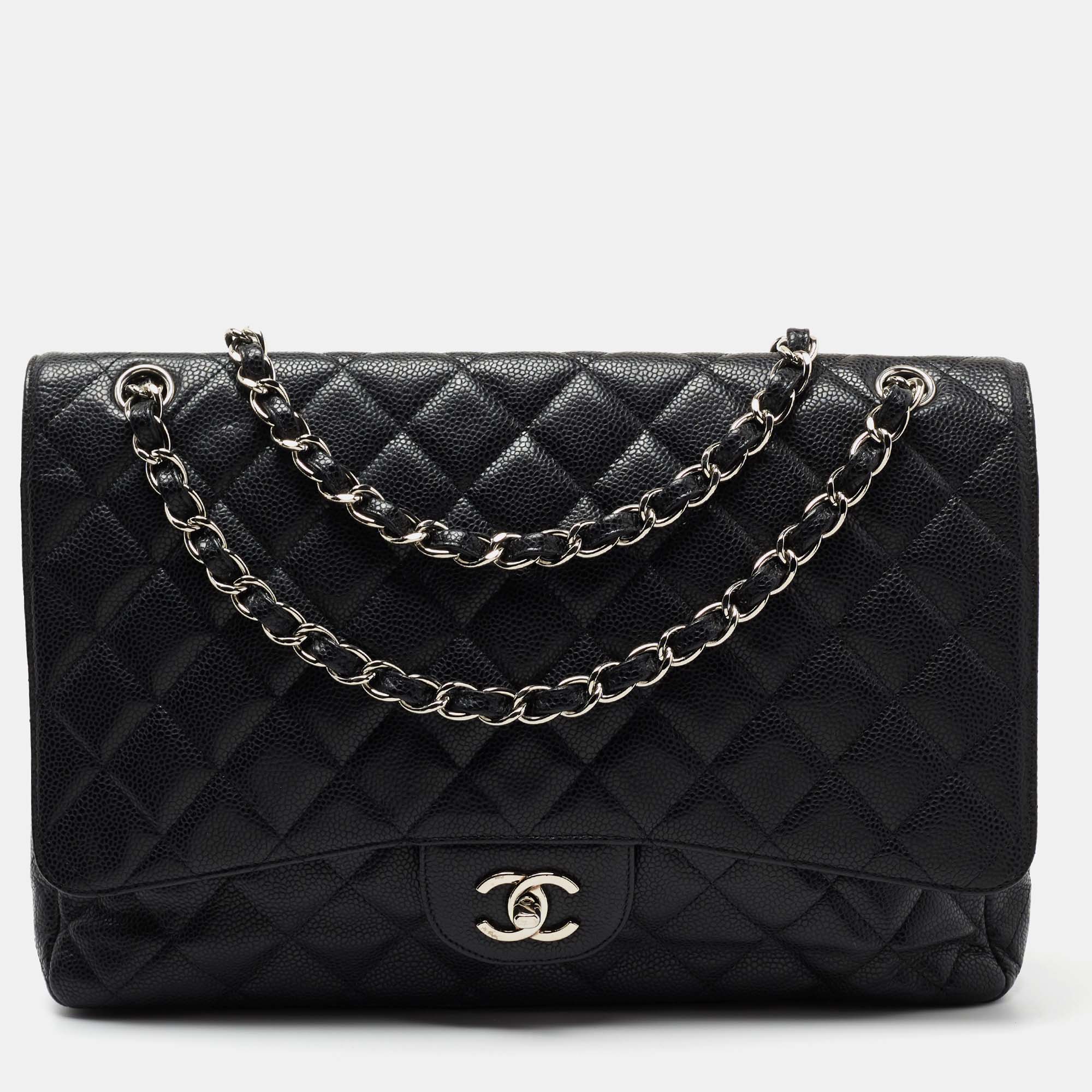 Pre Owned Chanel Black Quilted Caviar Leather Maxi Classic Single Flap Bag