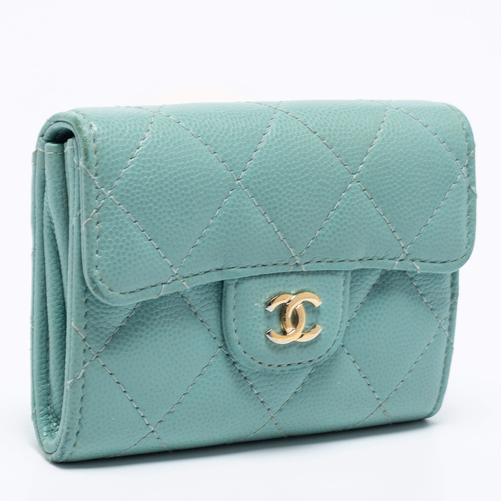 CHANEL Caviar Quilted Compact Flap Wallet Light Green 1269912