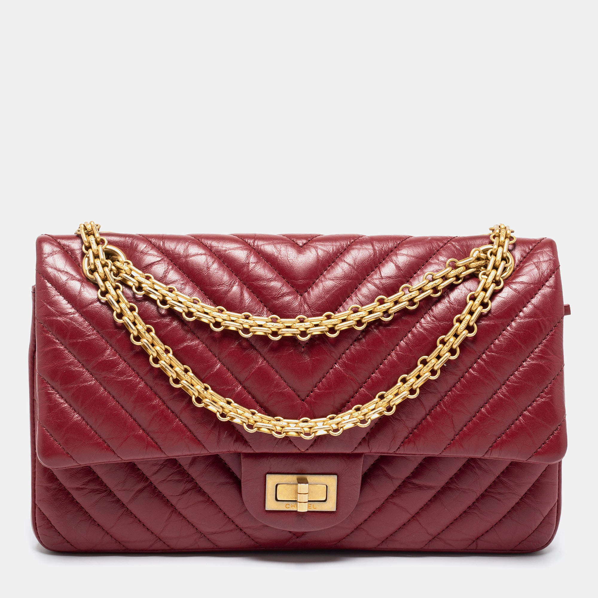 Pre Owned حقيبة شانيل ريسو 2.55 كلاسيك 225 جلد مجعد مبطن أحمر بقلاب