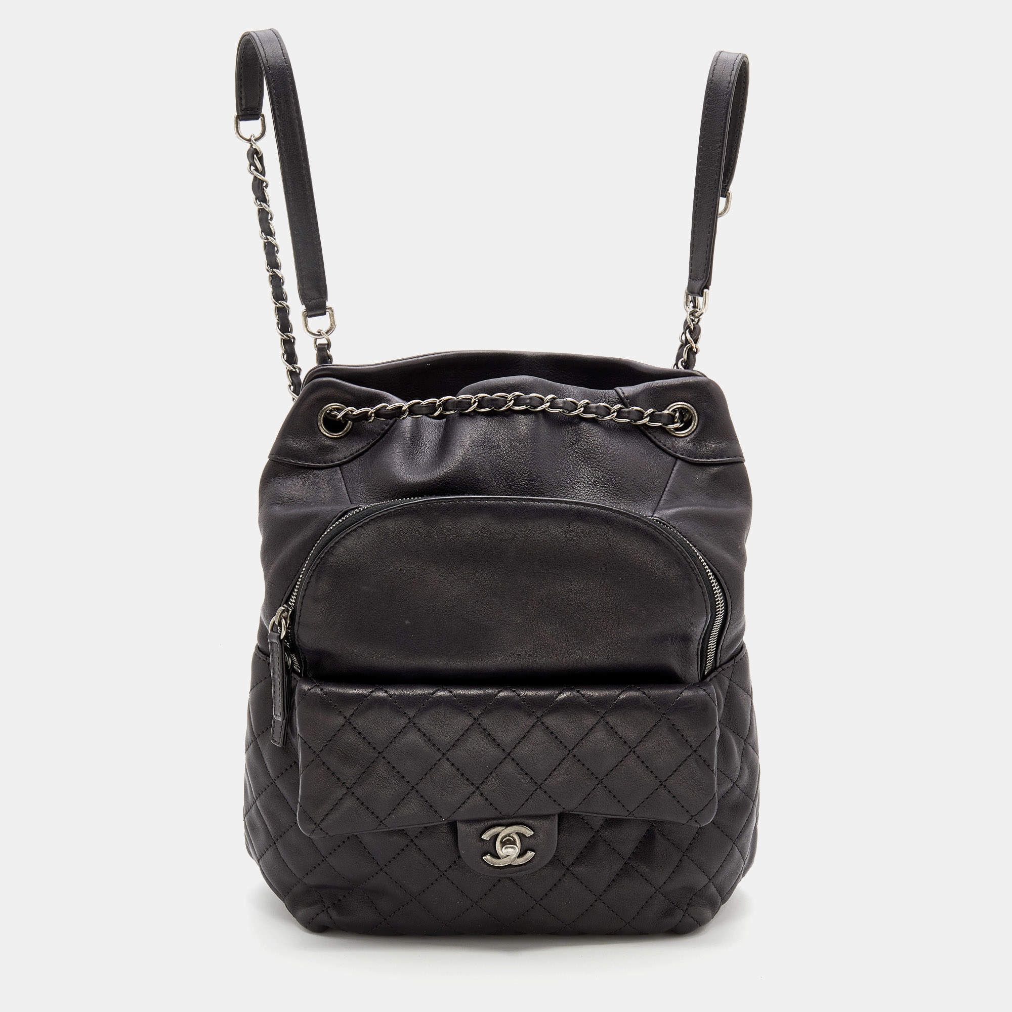 Pre Owned Chanel Black Quilted Leather Small Drawstring CC Flap Backpack 