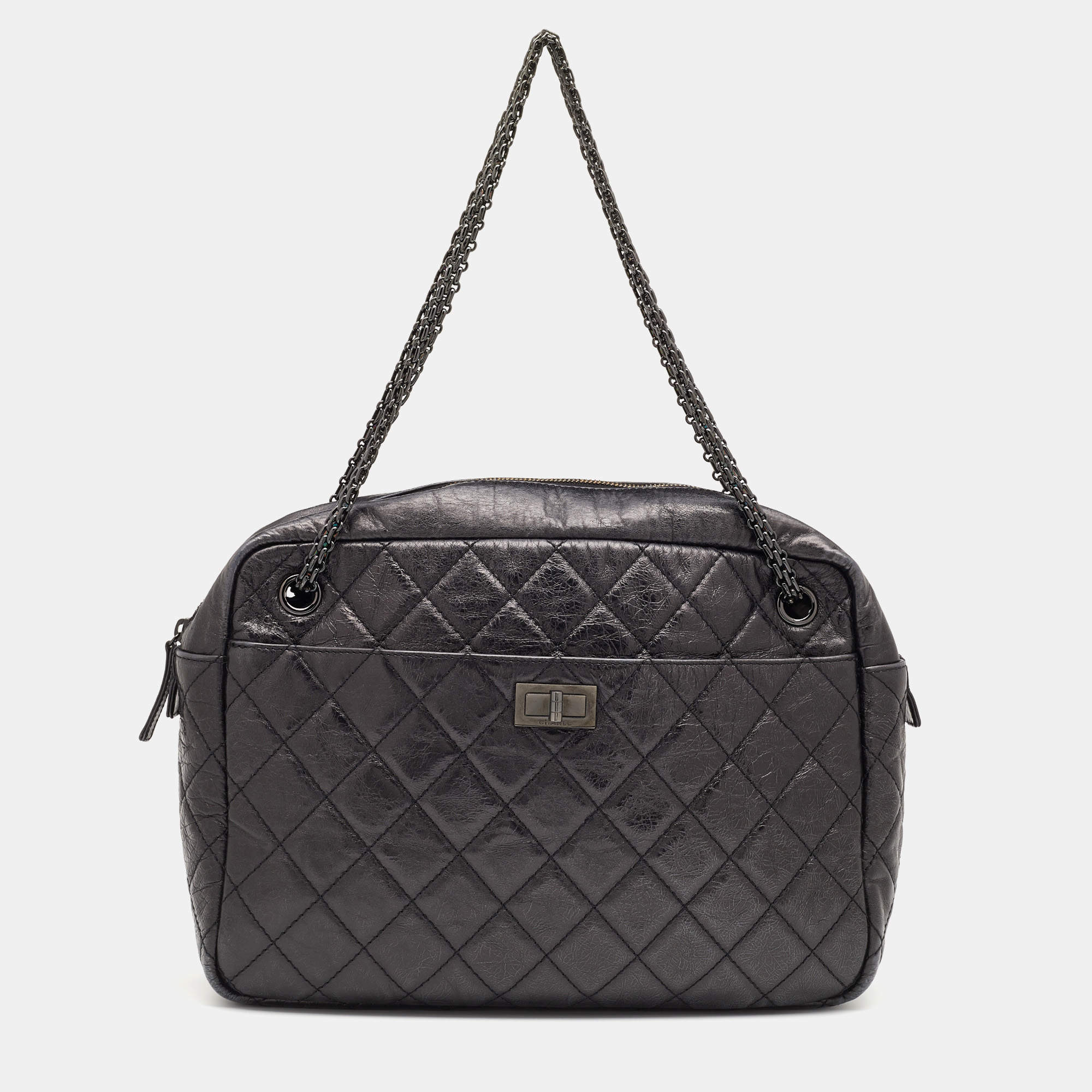 Pre Owned Chanel Metallic Black Quilted Aged Leather Large Reissue Camera Bag