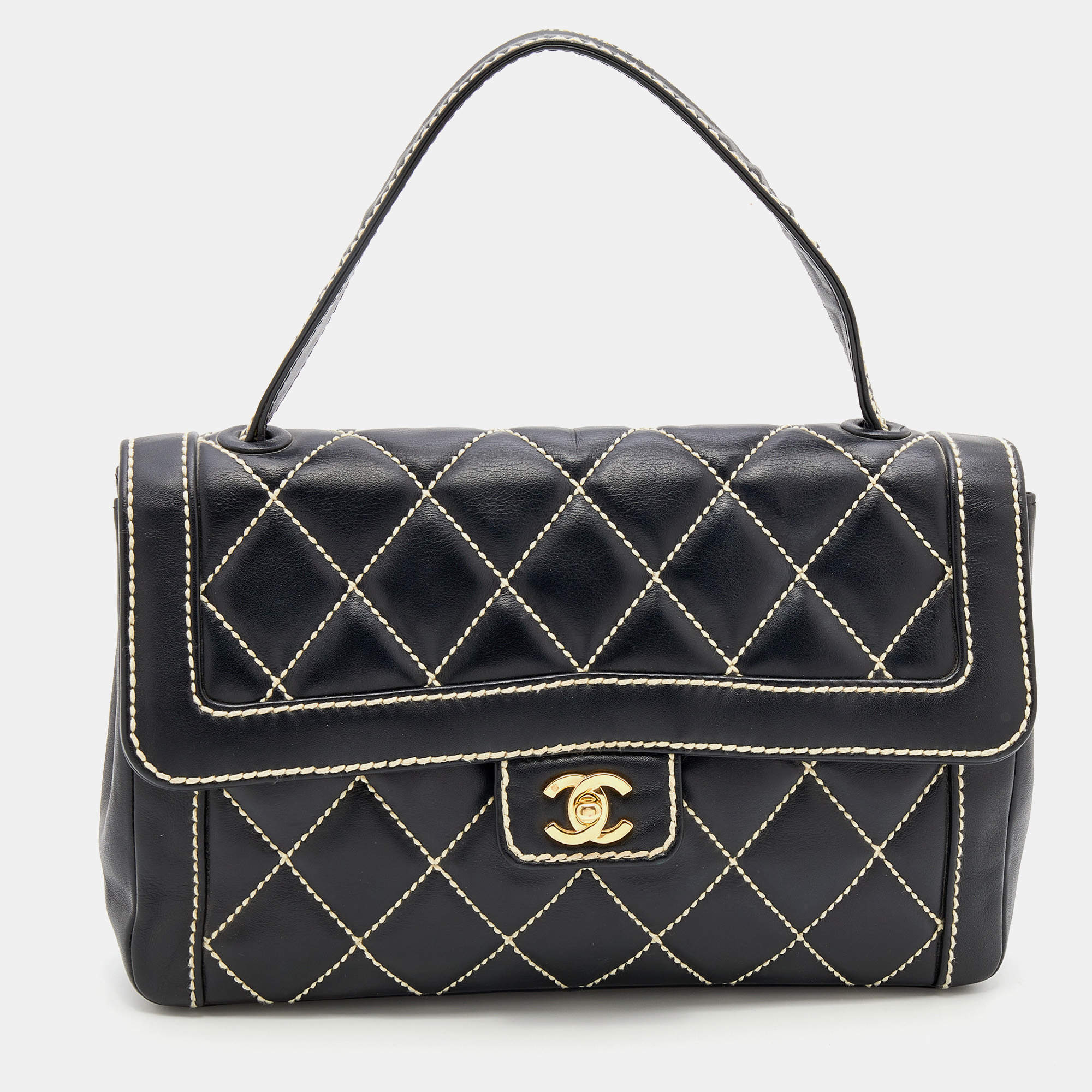 Pre Owned Chanel Black Leather Wild Stitch Surpique Flap Bag