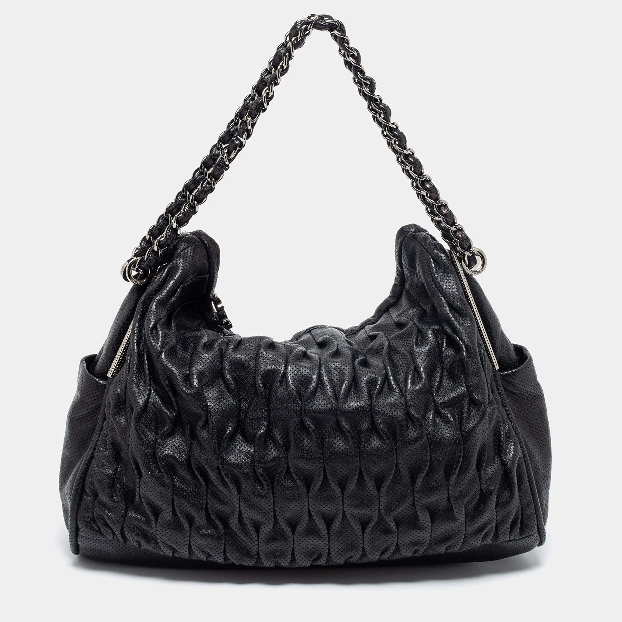 Pre Owned Chanel Black Perforated Pleated Leather Chain Bag