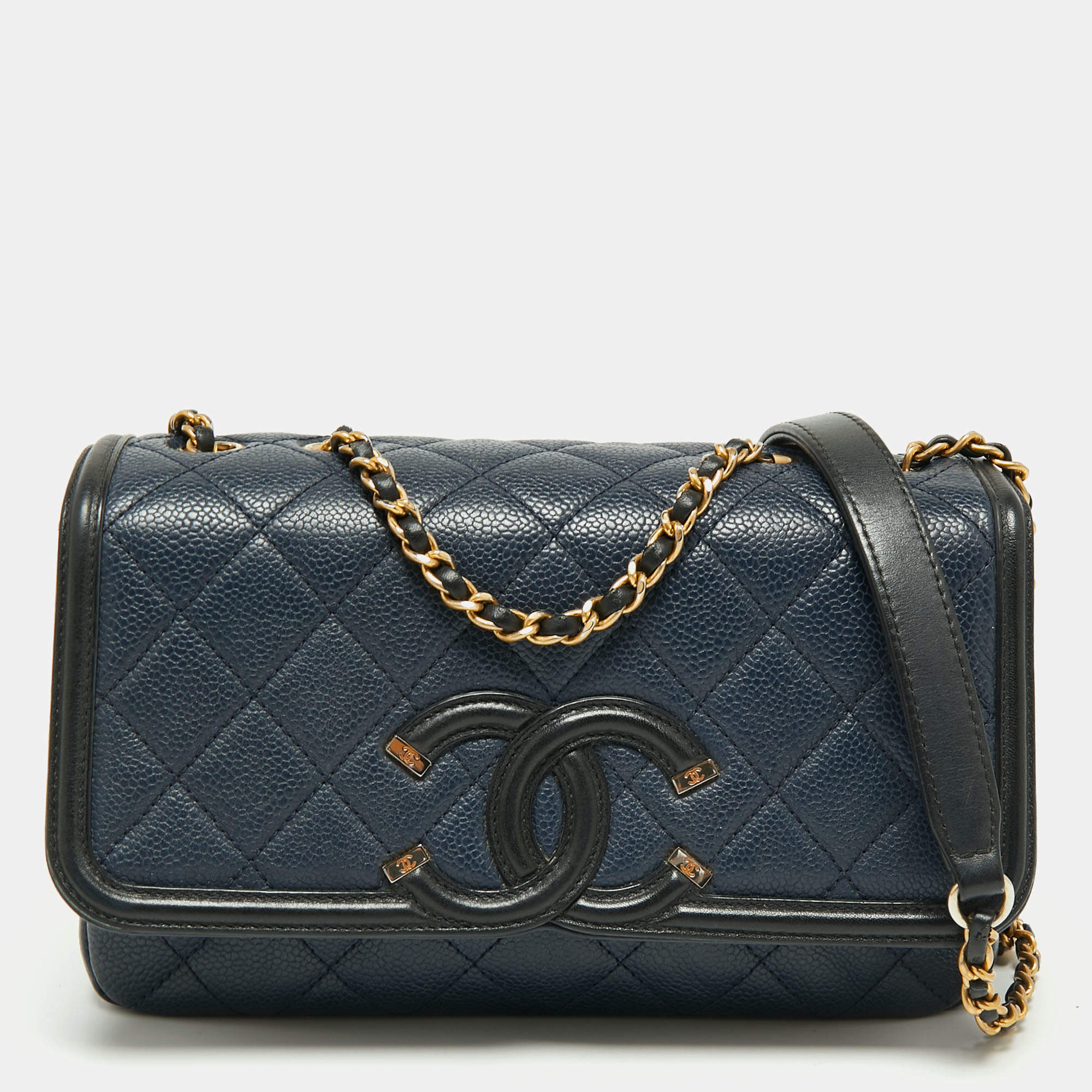 Chanel Blue/Black Quilted Caviar Leather Small CC Filigree Flap Bag