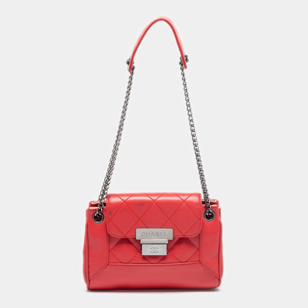 Pre Owned Chanel Red Quilted Caviar Leather Mini Accordion Flap Bag