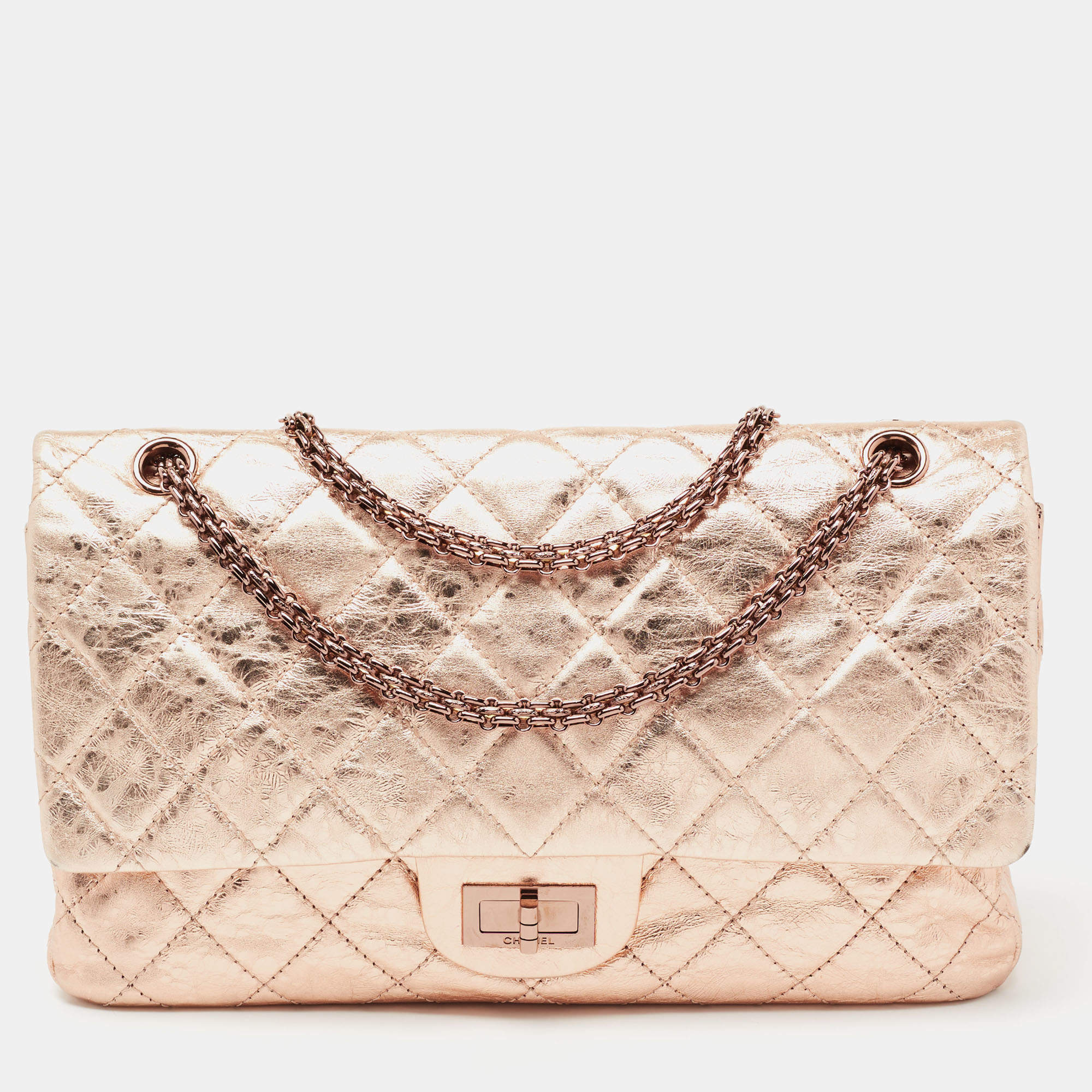 Pre Owned Chanel Metallic Rose Gold Crinkled Quilted Leather Reissue 2.55 Classic 227 Jumbo Flap Bag