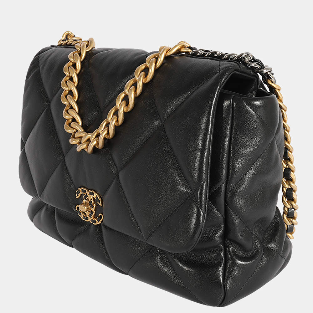 CHANEL 19 Large Flap Quilted Lambskin Leather Shoulder Bag Black