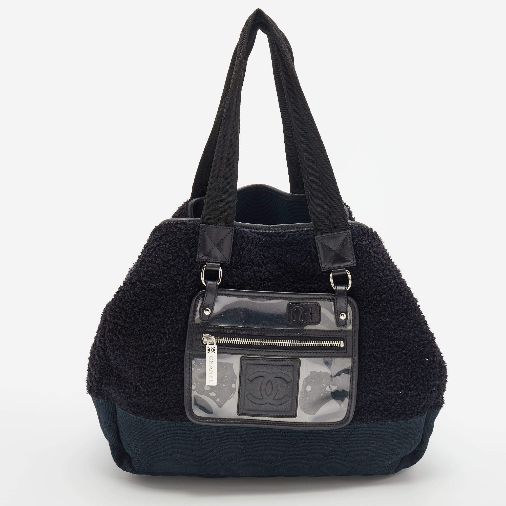 Pre Owned Chanel Black Fabric And Canvas Front Pocket Tote