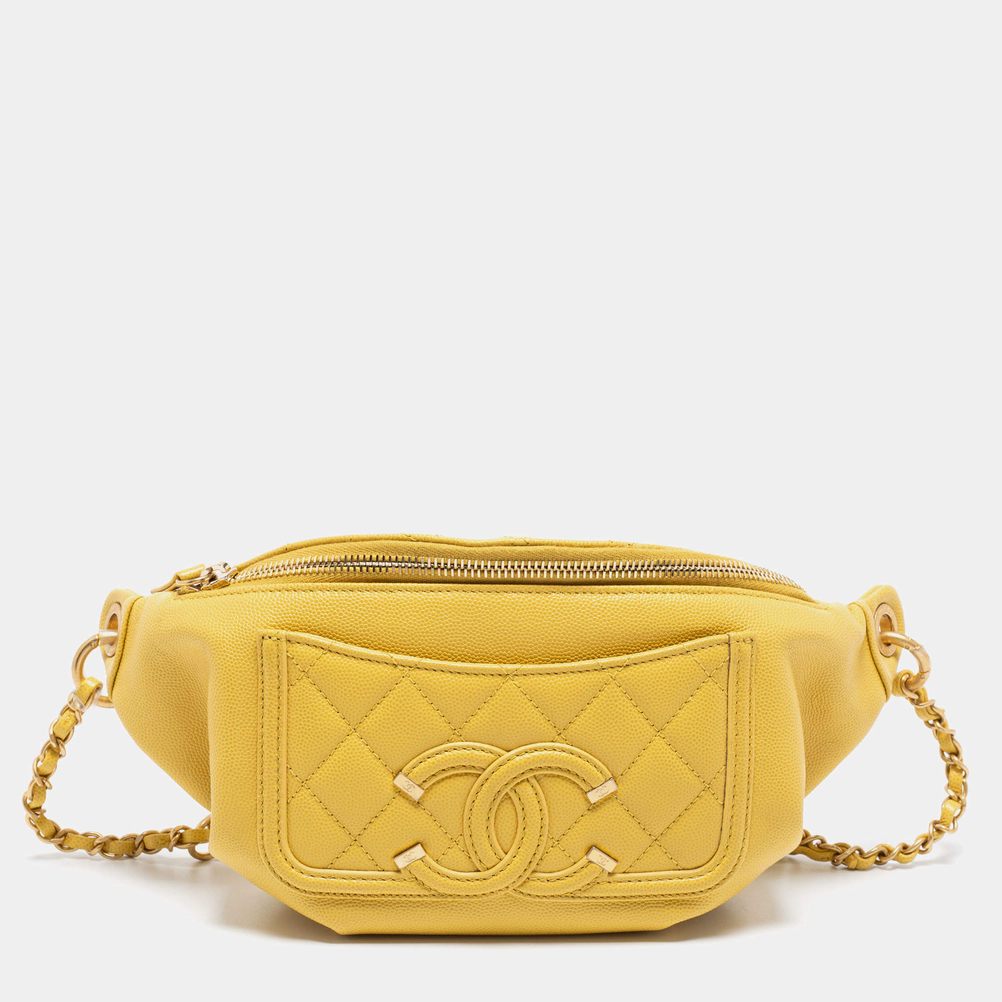 Pre Owned Chanel Yellow Quilted Caviar Leather Filigree Waist Bag