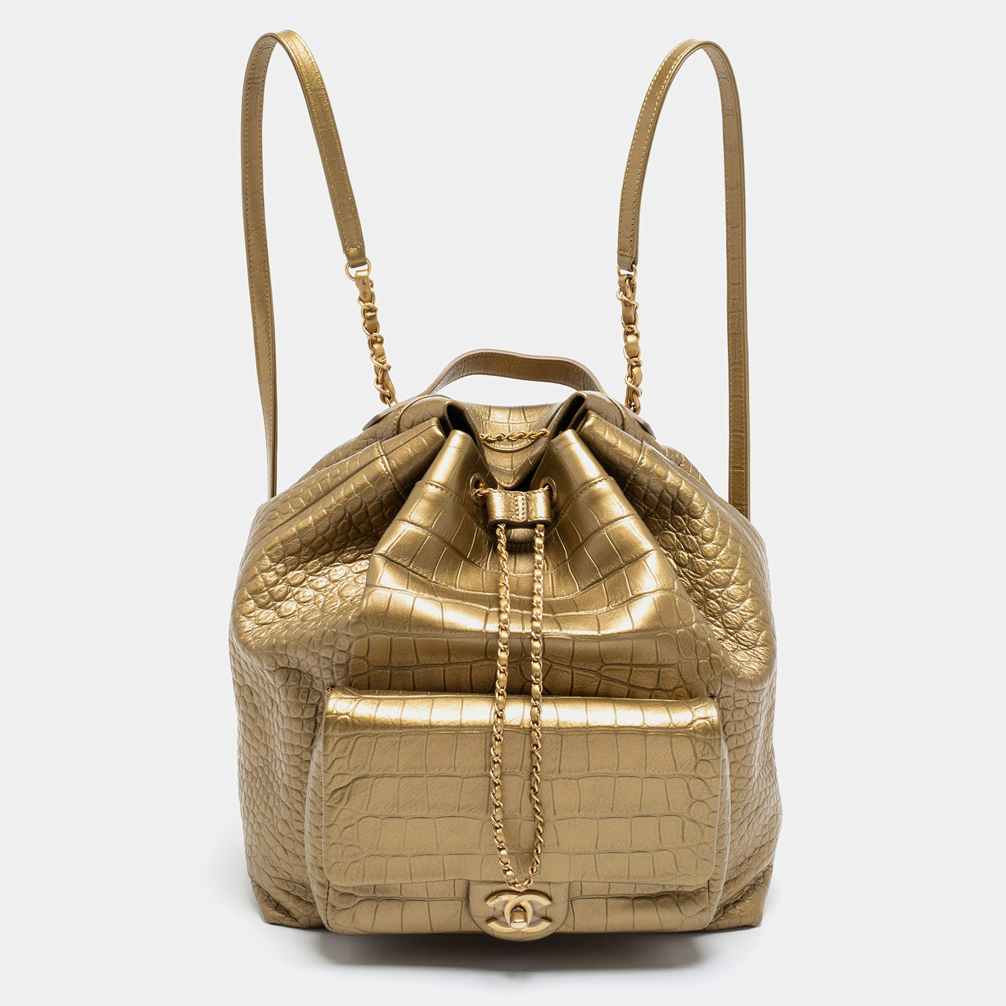 Pre Owned Chanel Gold Croc Embossed Leather Drawstring Backpack