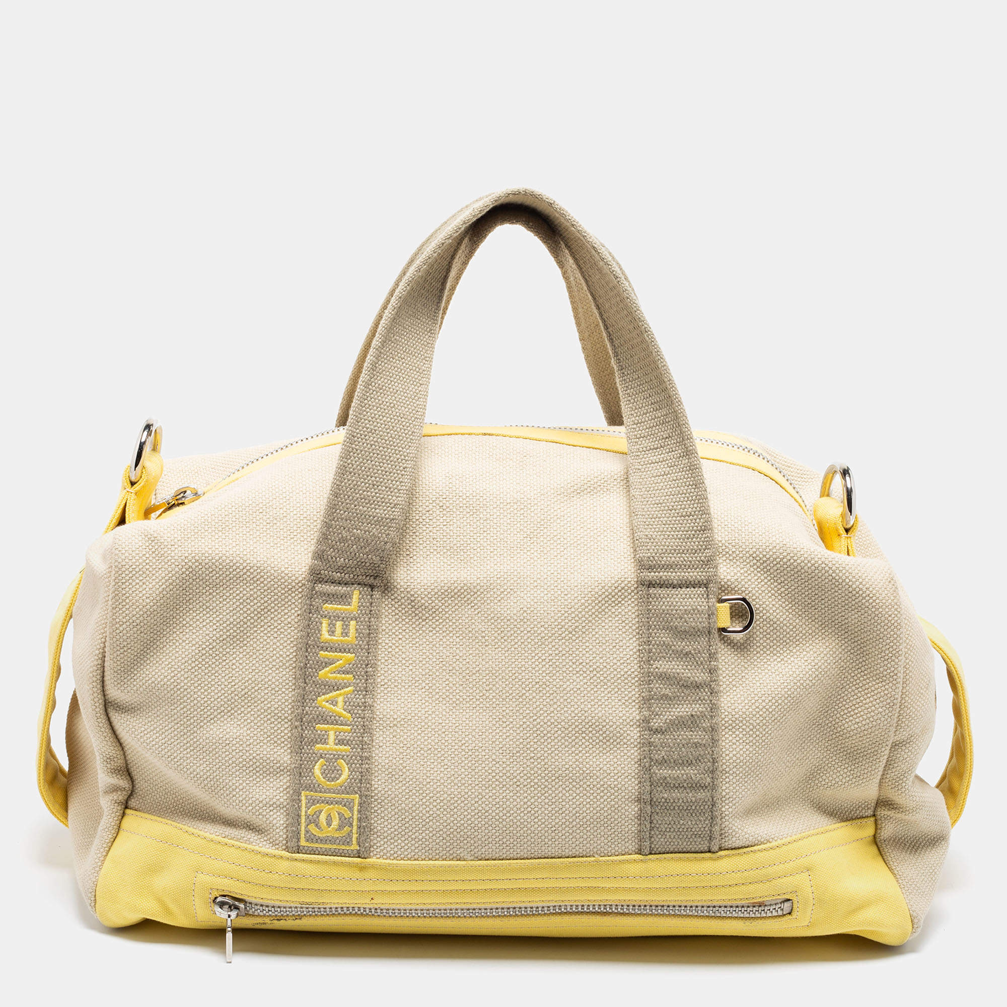 Pre Owned Chanel Beige/Yellow Canvas Weekend Boston Bag