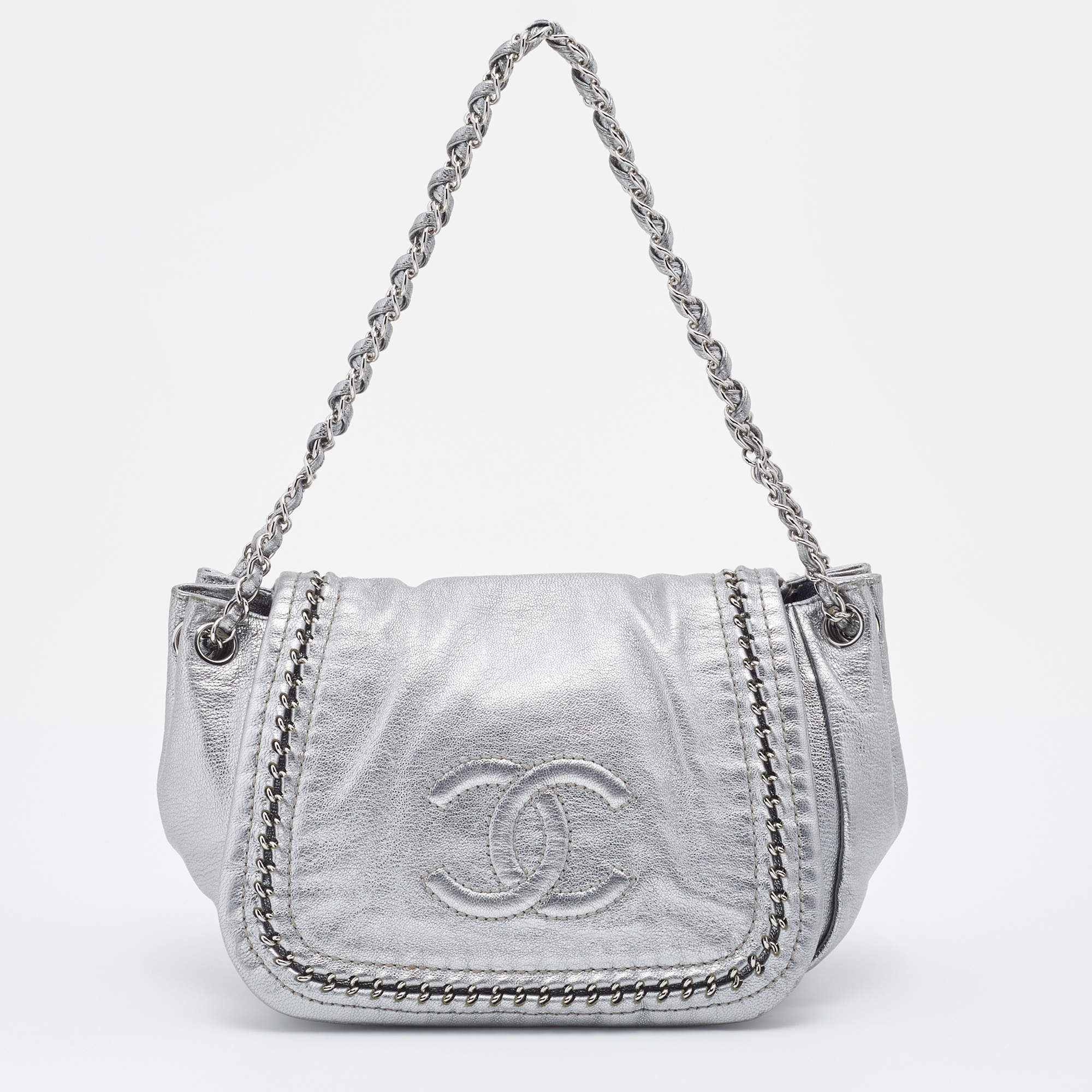 Chanel Luxe Ligne Accordion Flap Bag Leather Silver 497214