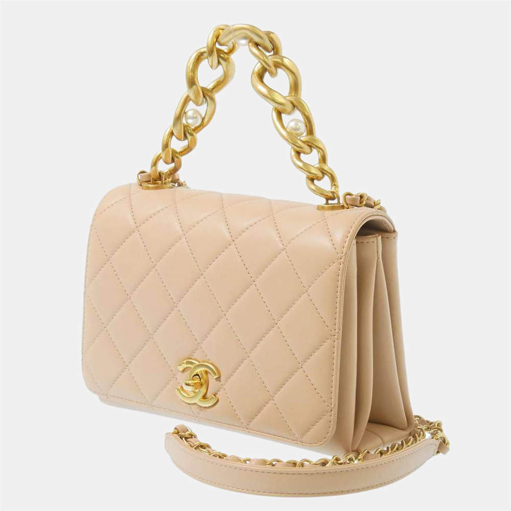 Pre Owned Chanel Beige Quilted Leather CC Flap Chain Bag
