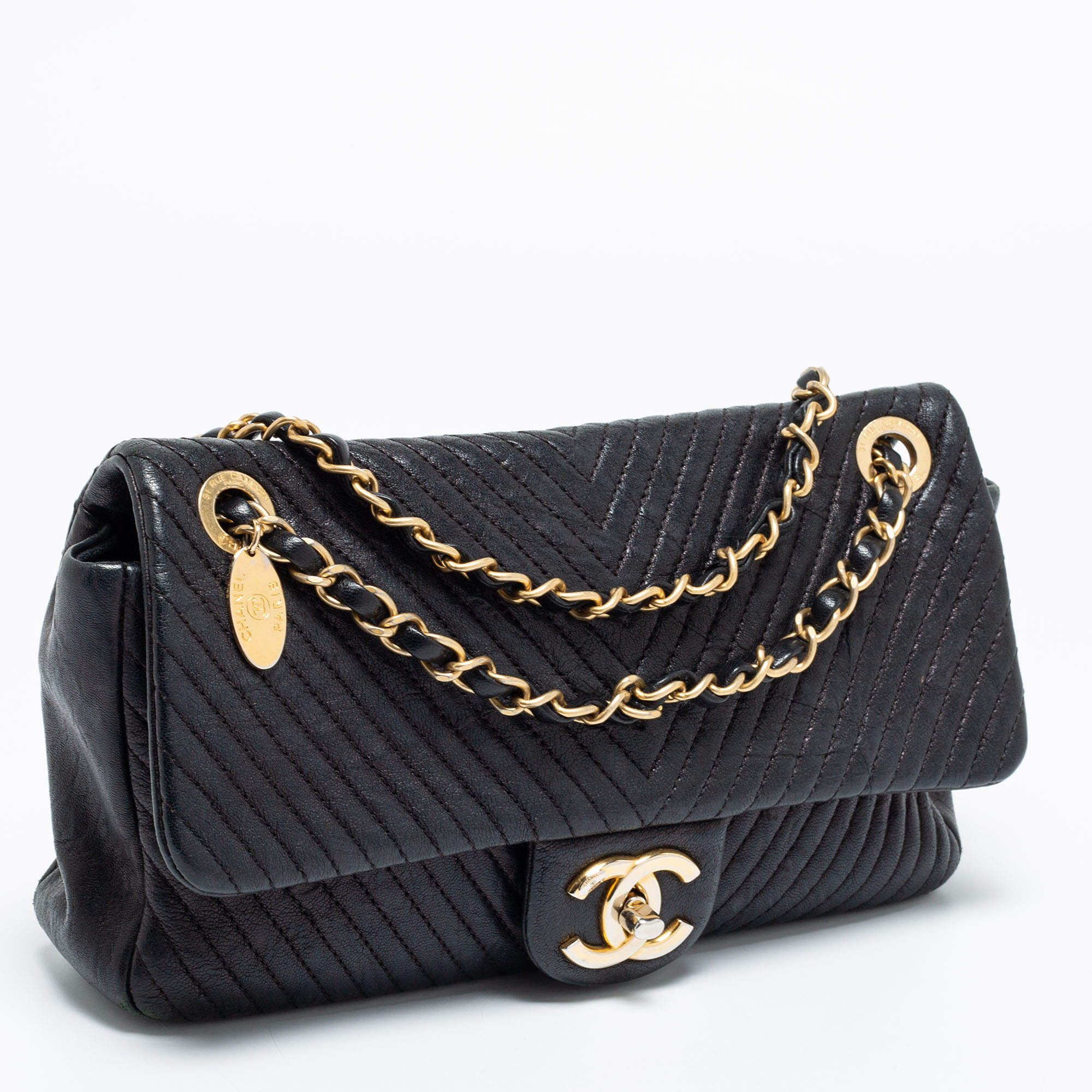 Chanel Black Surpique Chevron Leather Medium Flap Bag