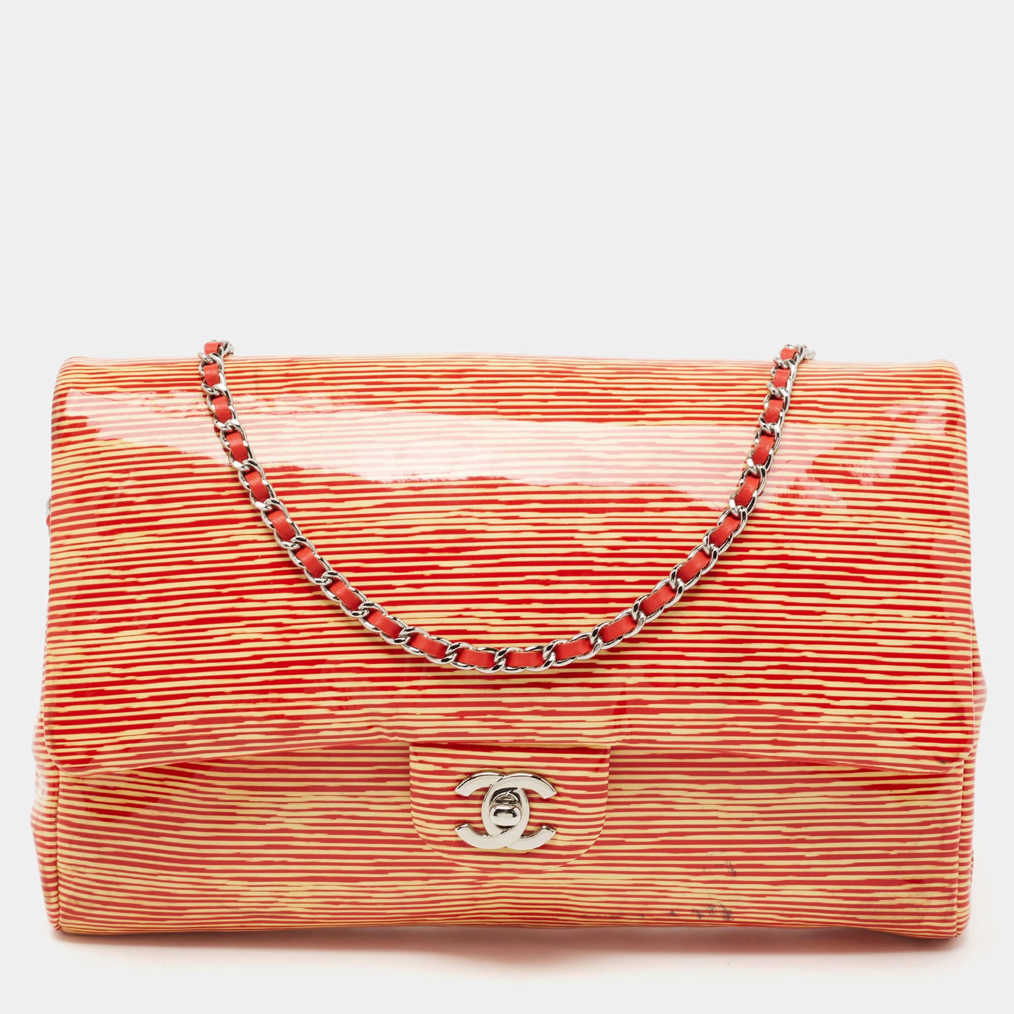 Pre Owned Chanel Orange Stripe Patent Leather Bag