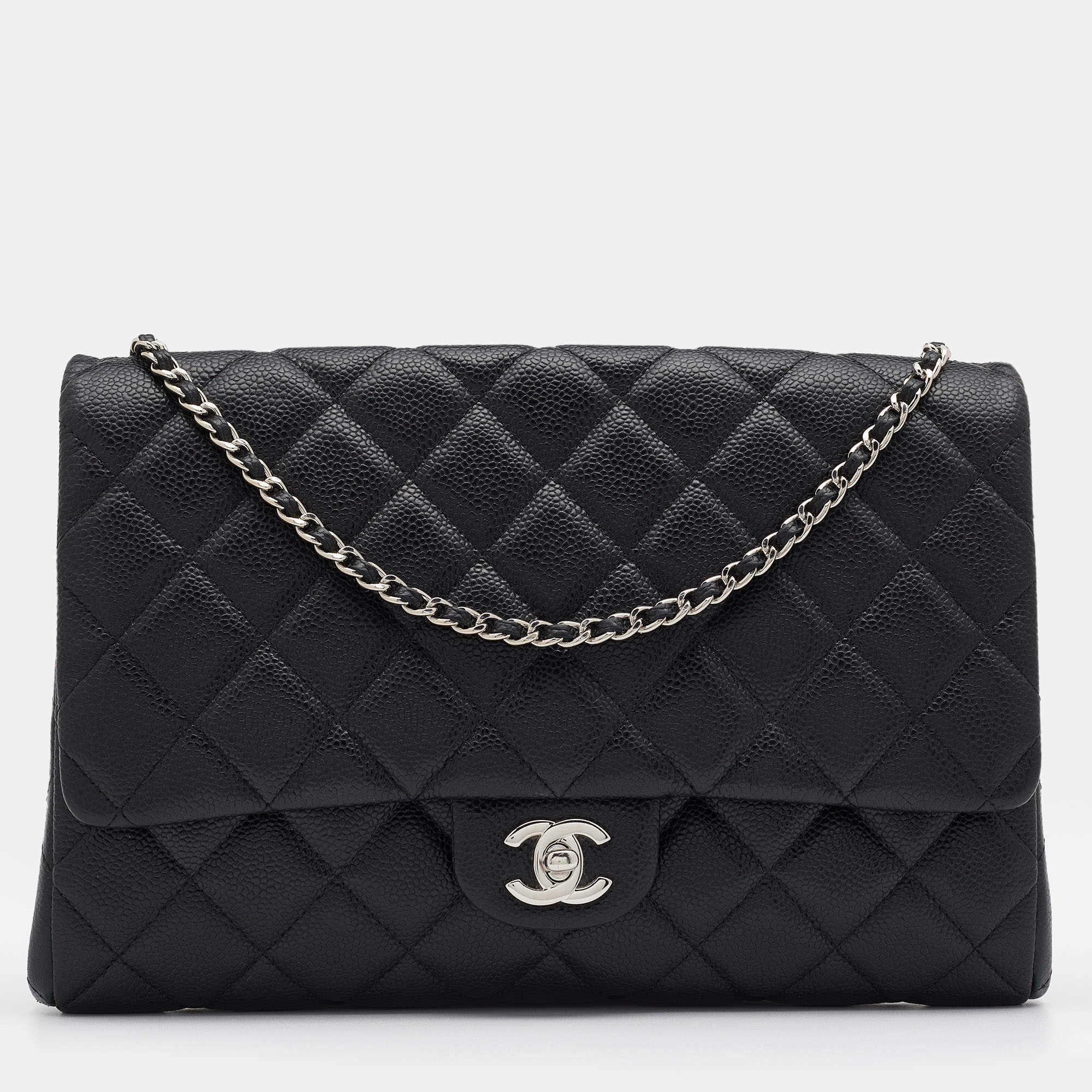 Pre Owned Chanel Black Quilted Caviar Leather Chain Flap Clutch Bag