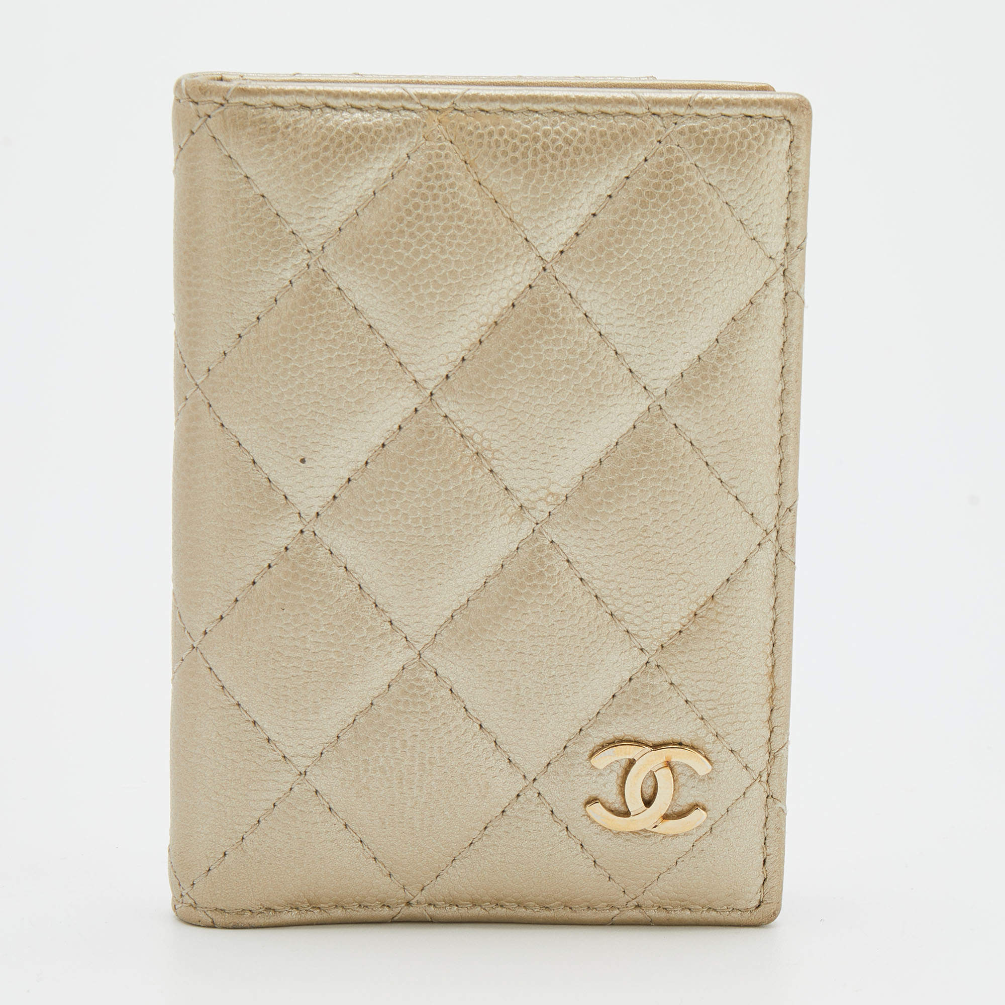 Chanel Metallic Light Beige Quilted Leather CC Bifold Card Case 