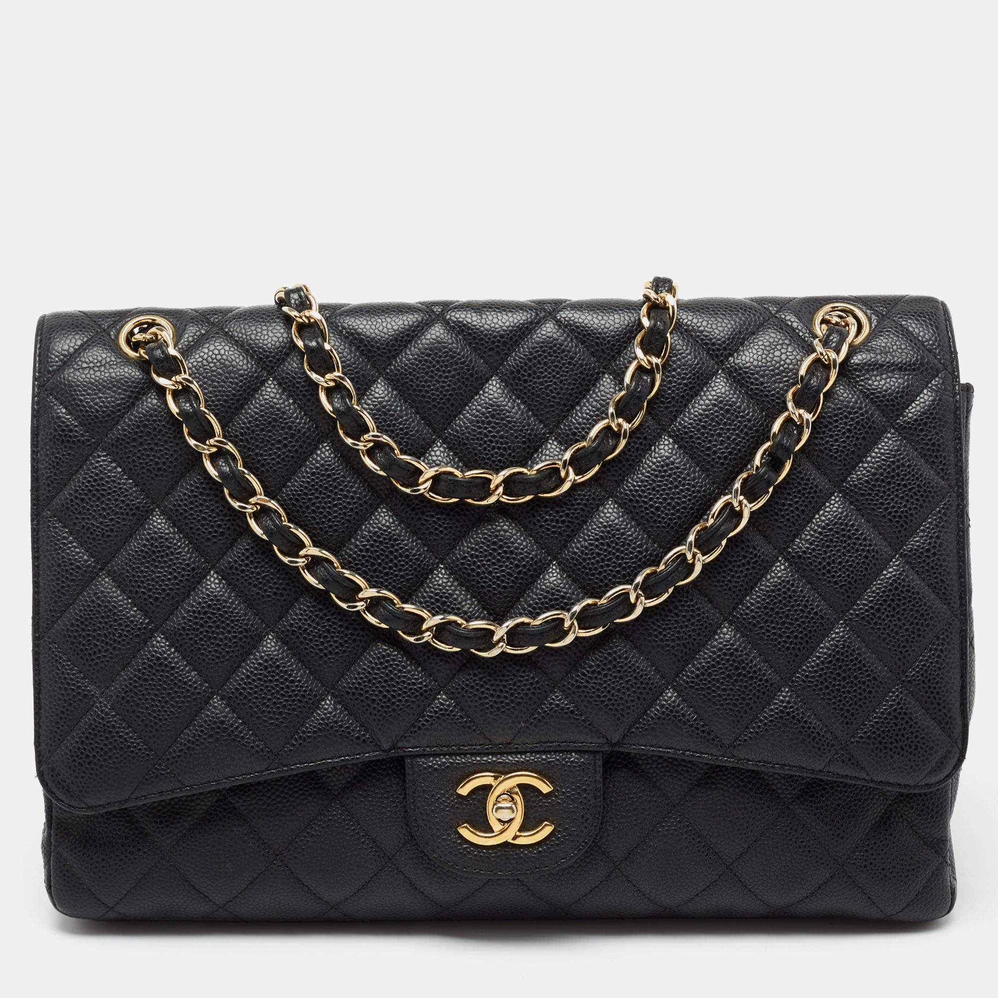 Pre Owned Chanel Black Quilted Caviar Leather Maxi Classic Single Flap Bag