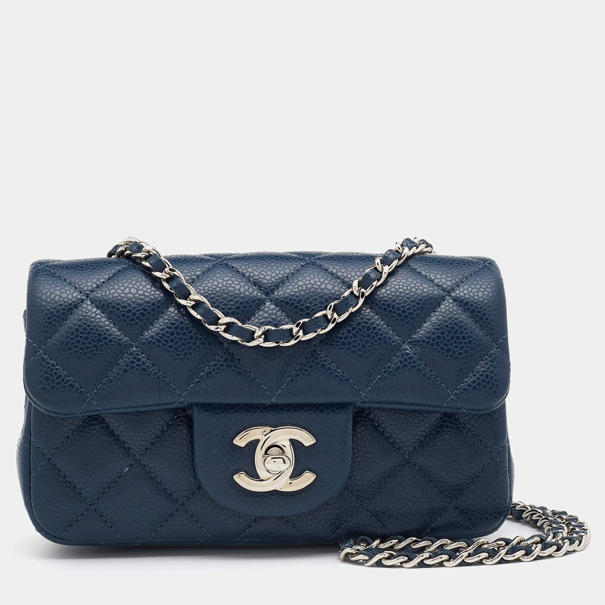 Pre Owned Chanel Blue Quilted Leather Extra Mini Classic Single Flap Bag