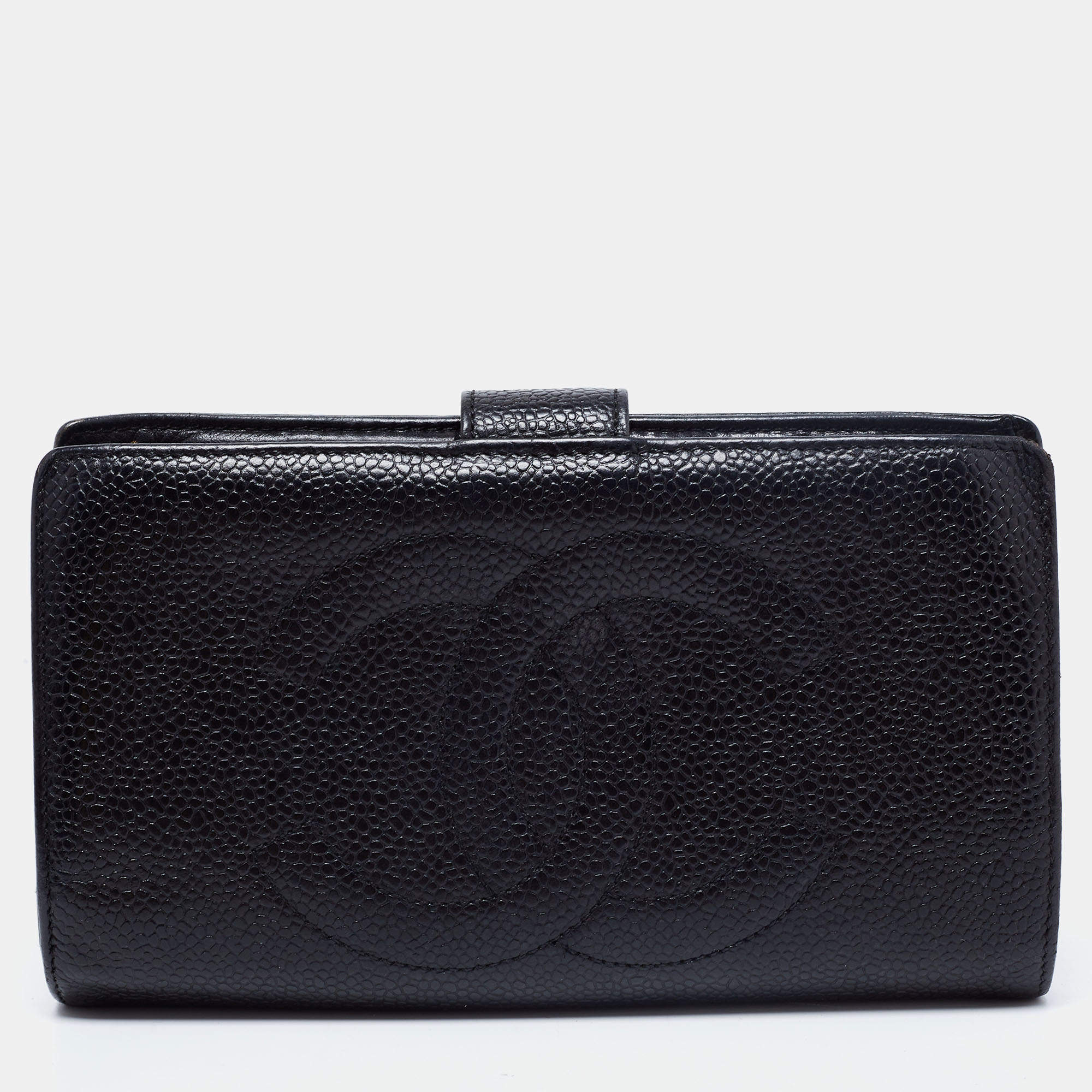 Chanel Black Caviar Leather Vintage Timeless CC French Wallet