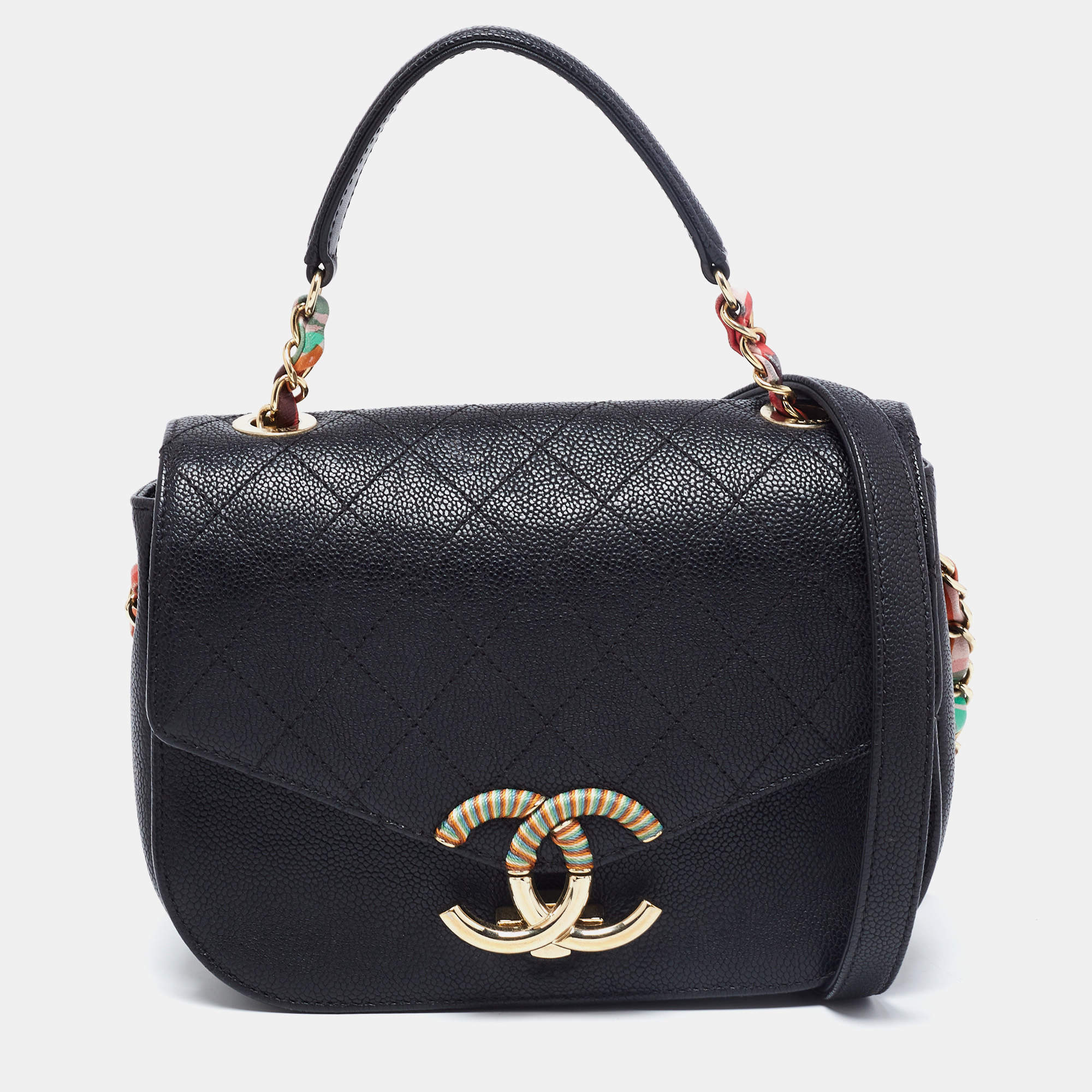 Pre Owned Chanel Black Quilted Caviar Leather Small Thread Around Flap Bag