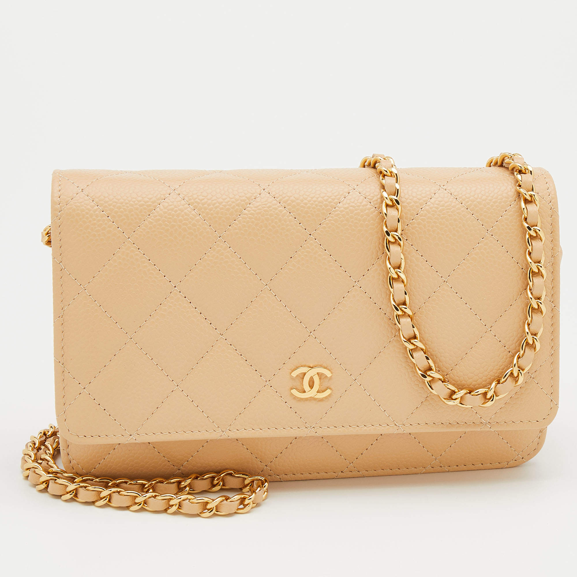 Chanel Beige Quilted Caviar Leather Classic Wallet on Chain