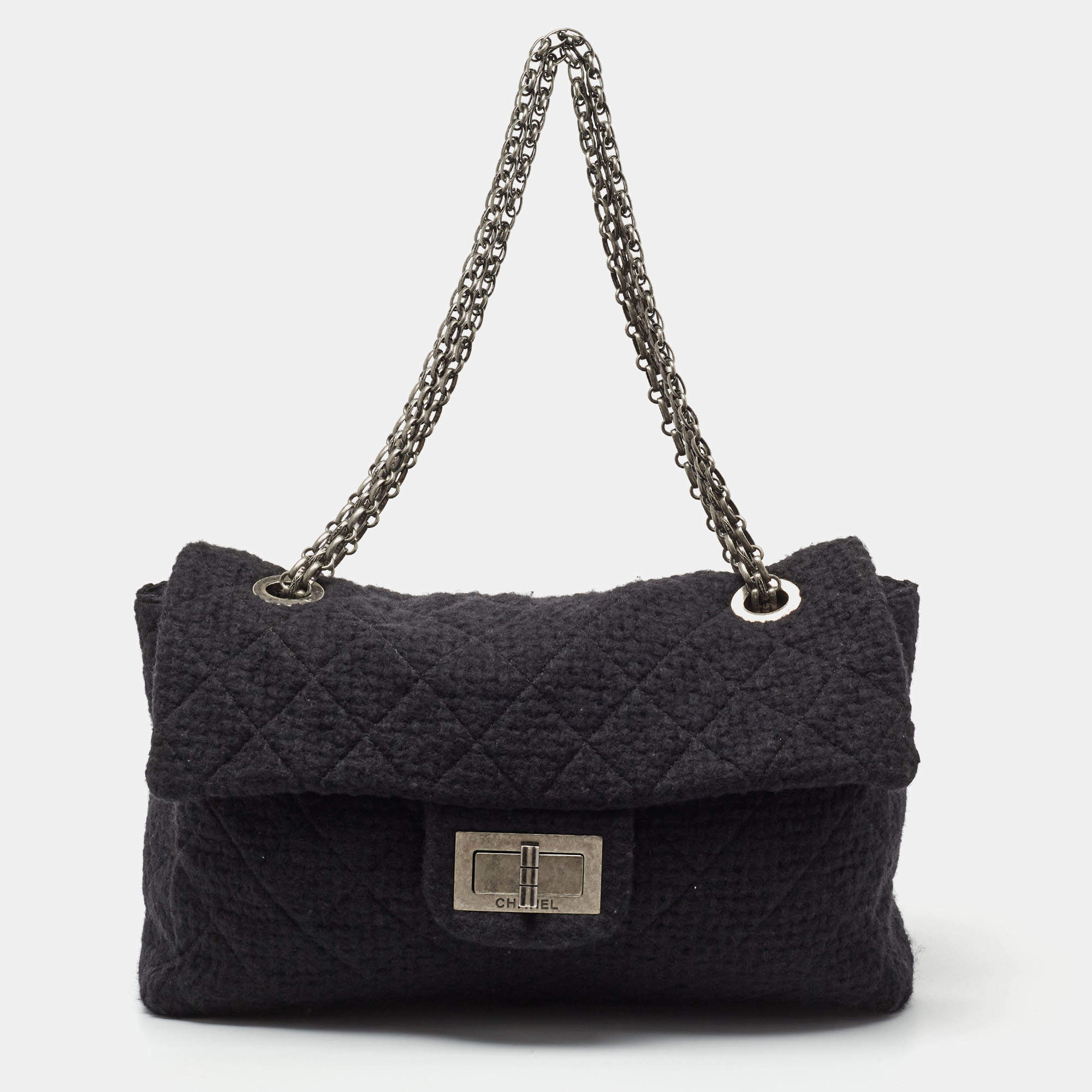 Pre Owned Chanel Black Quilted Wool Boucle XXL Reissue 2.55 Flap Bag