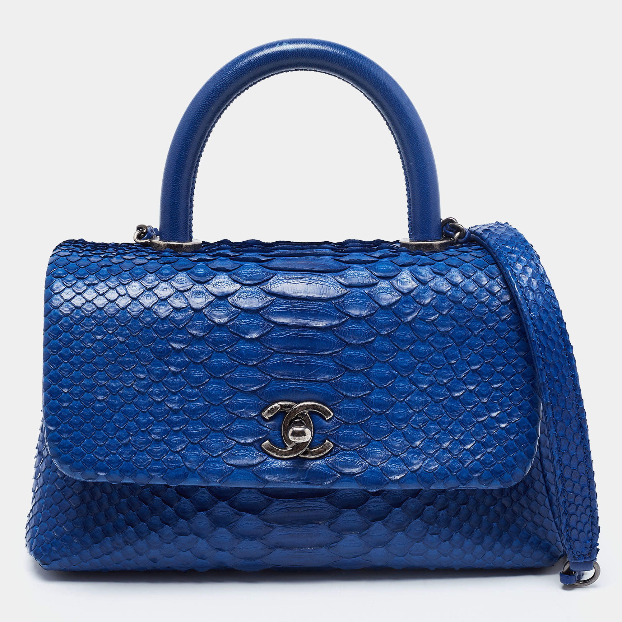 Pre Owned Chanel Blue Python and Leather Mini Coco Top Handle Bag