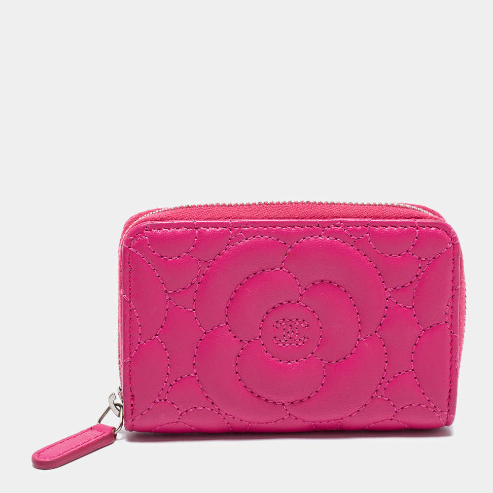 Pre Owned Chanel Fuchsia Quilted Leather Camellia Zip Coin Purse