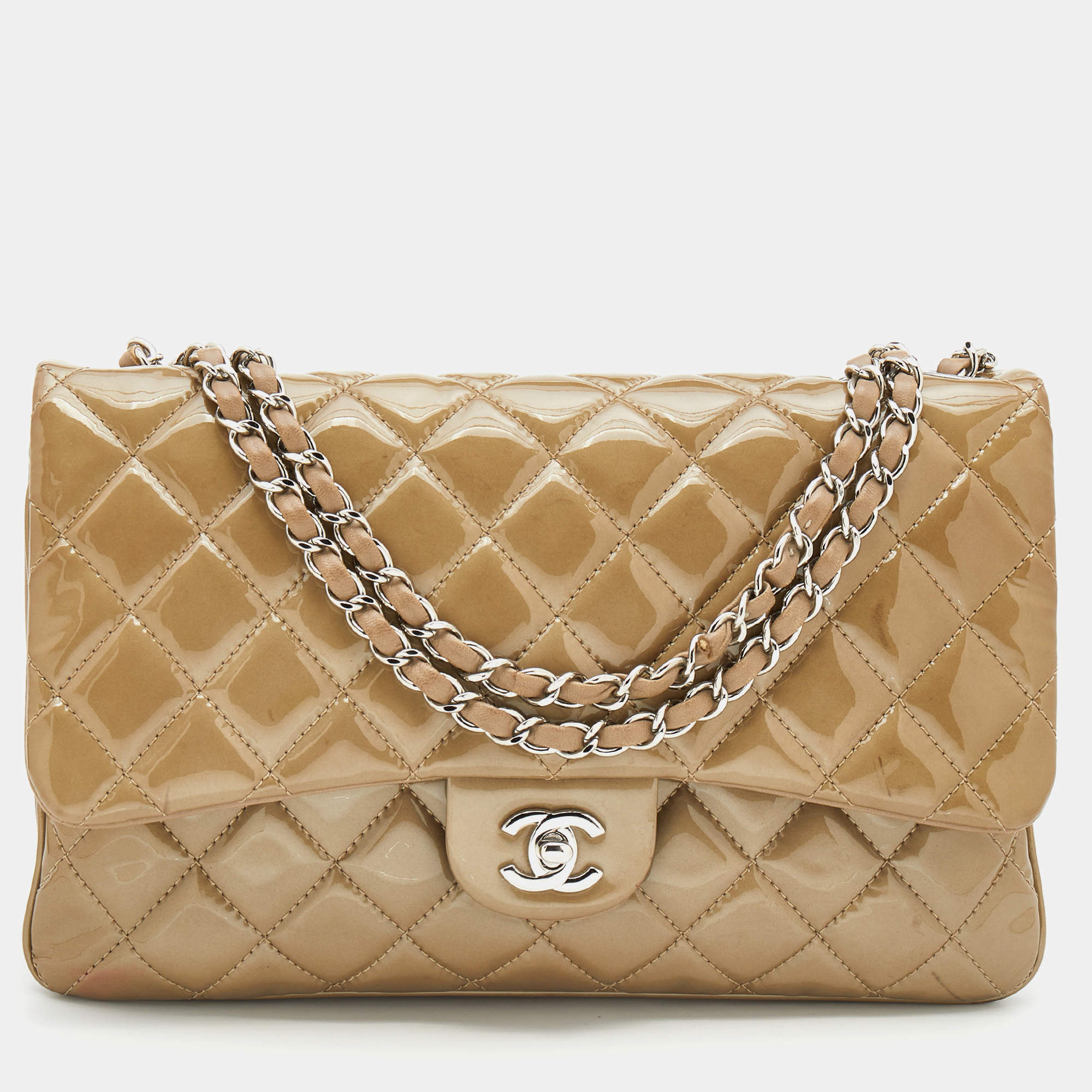 Pre Owned Chanel Olive Grey Quilted Patent Leather Accordion 3 Flap Bag