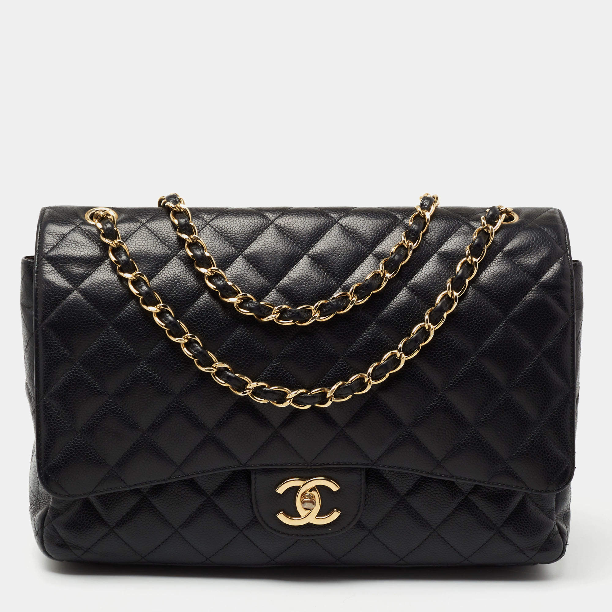 Pre Owned Chanel Black Quilted Caviar Leather Maxi Classic Double Flap Bag