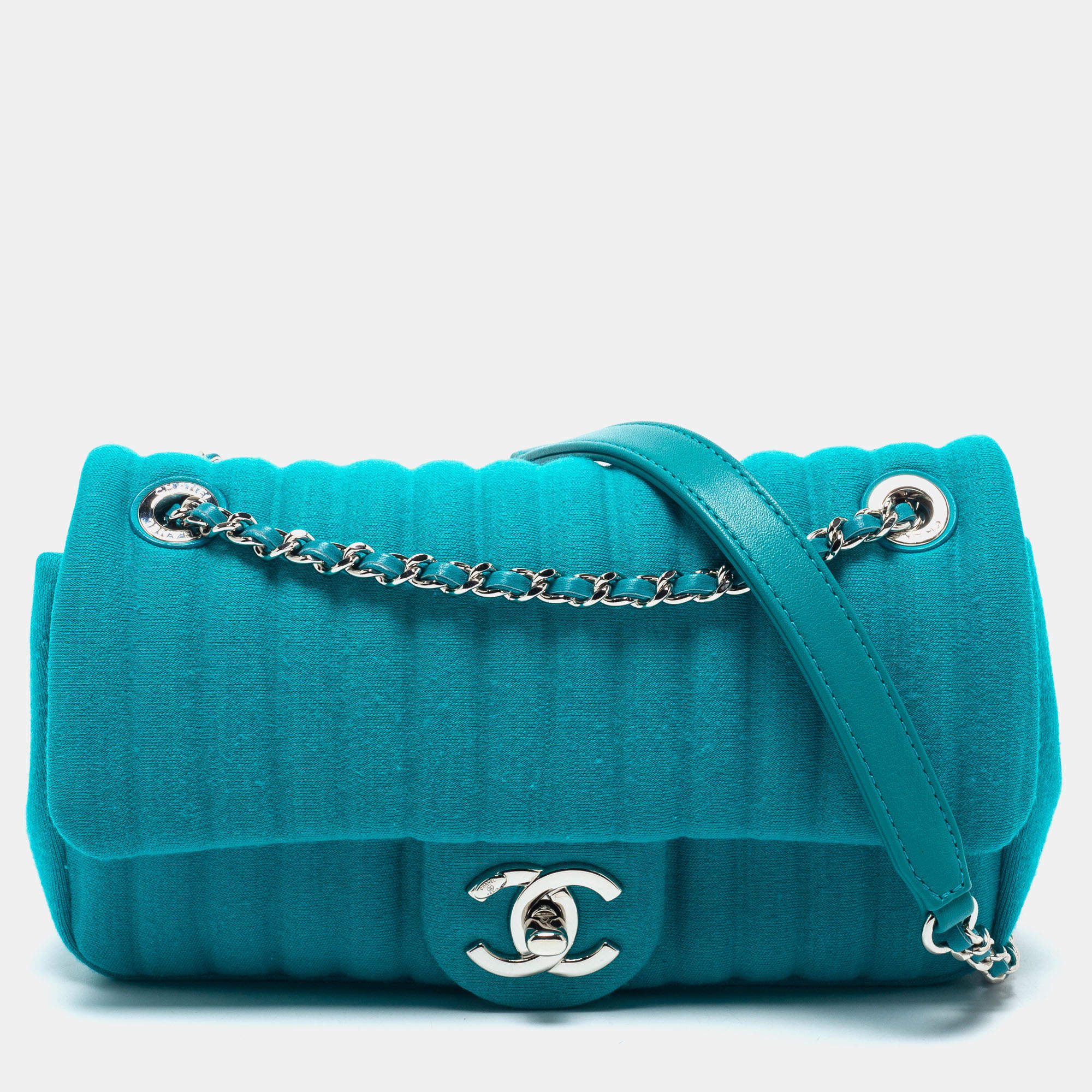 Pre Owned Chanel Aqua Green Vertical Quilted Jersey Mini Flap Bag