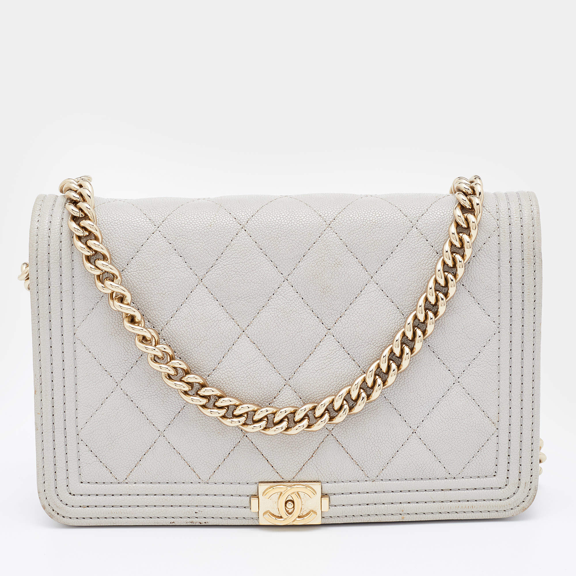Chanel Grey Quilted Caviar Leather Boy Wallet On Chain