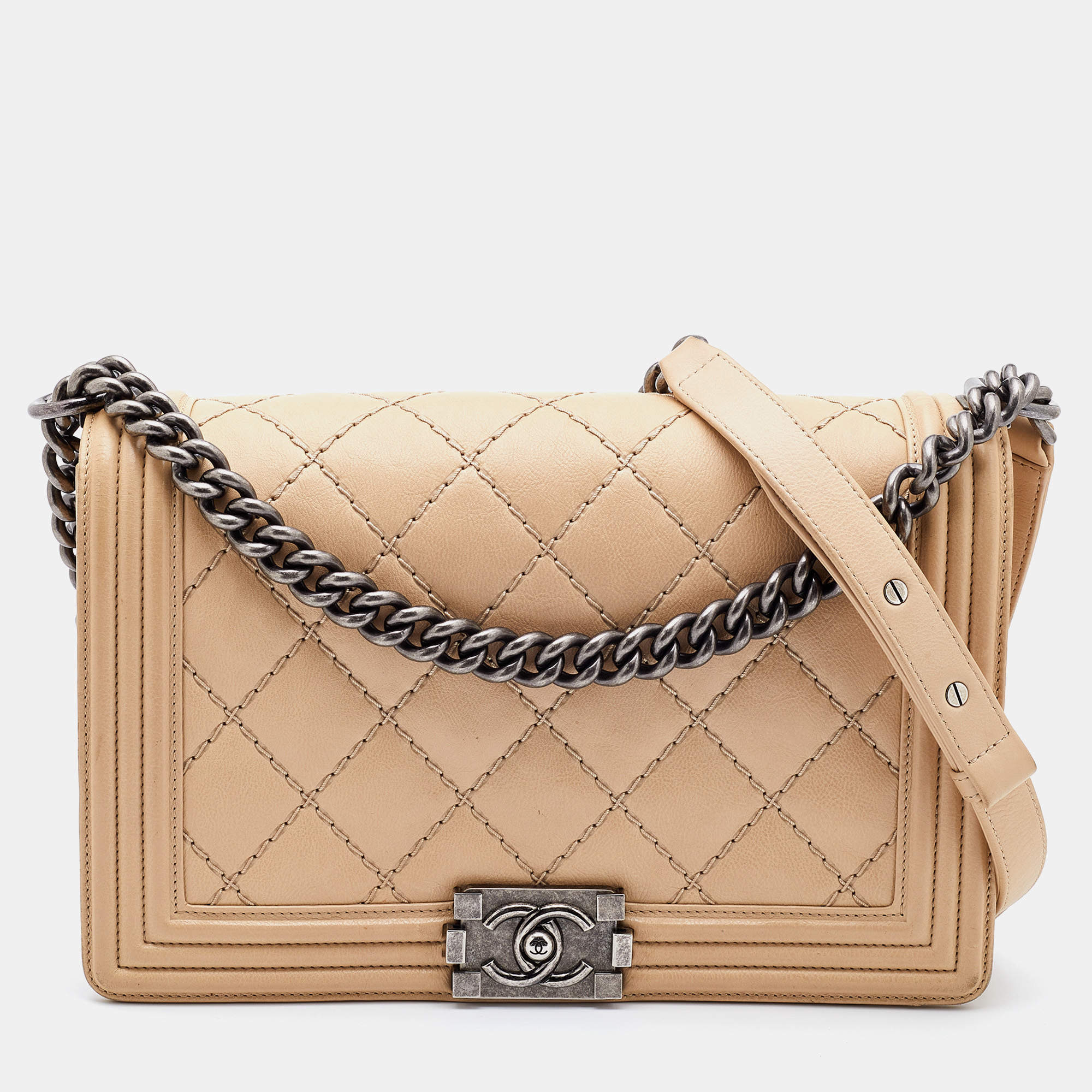Pre Owned Chanel Beige Quilted Leather New Medium Wild Stitch Boy Bag