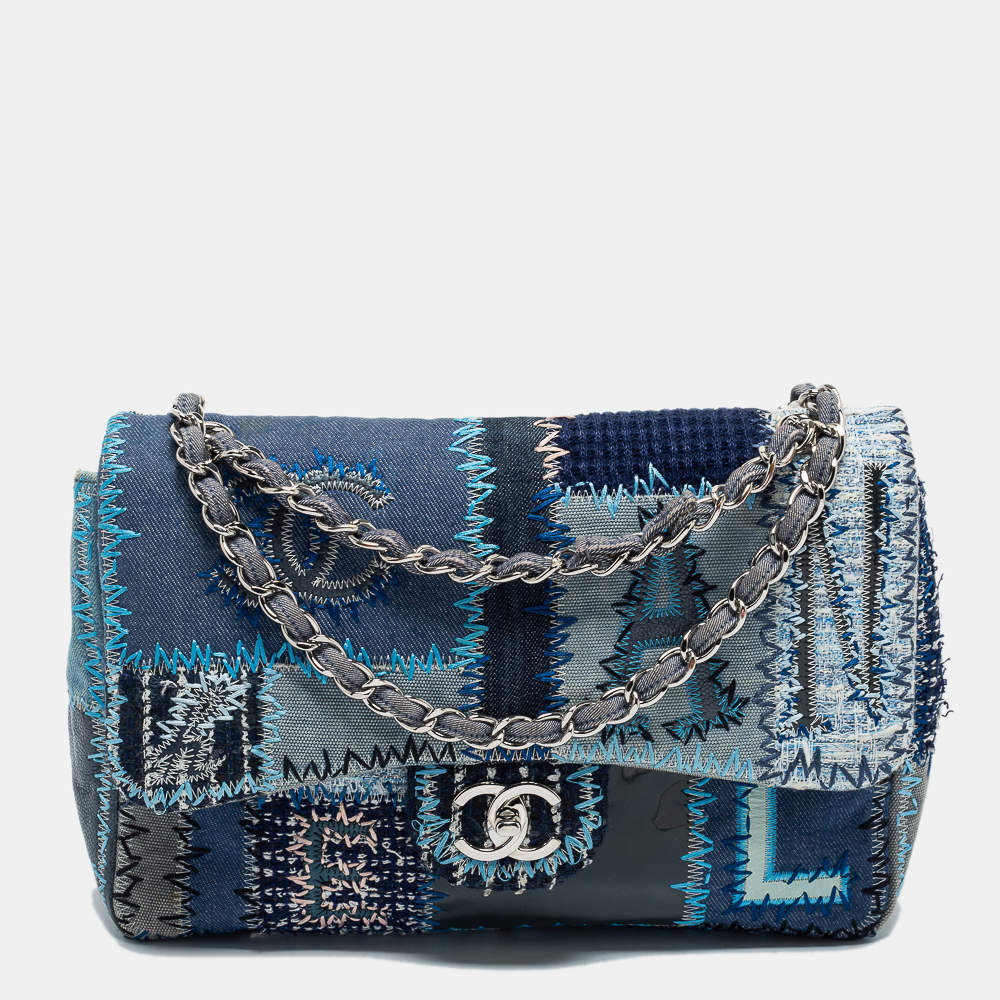 Pre Owned Chanel Blue Denim and Tweed Patchwork Jumbo Single Flap Bag