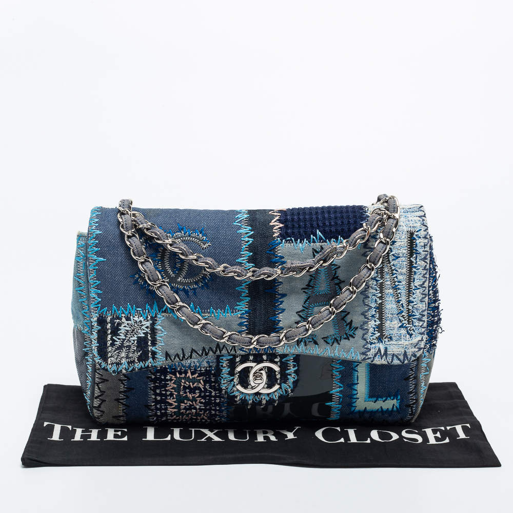 2015 Chanel Blue Denim Patchwork Jumbo Classic Single Flap Bag