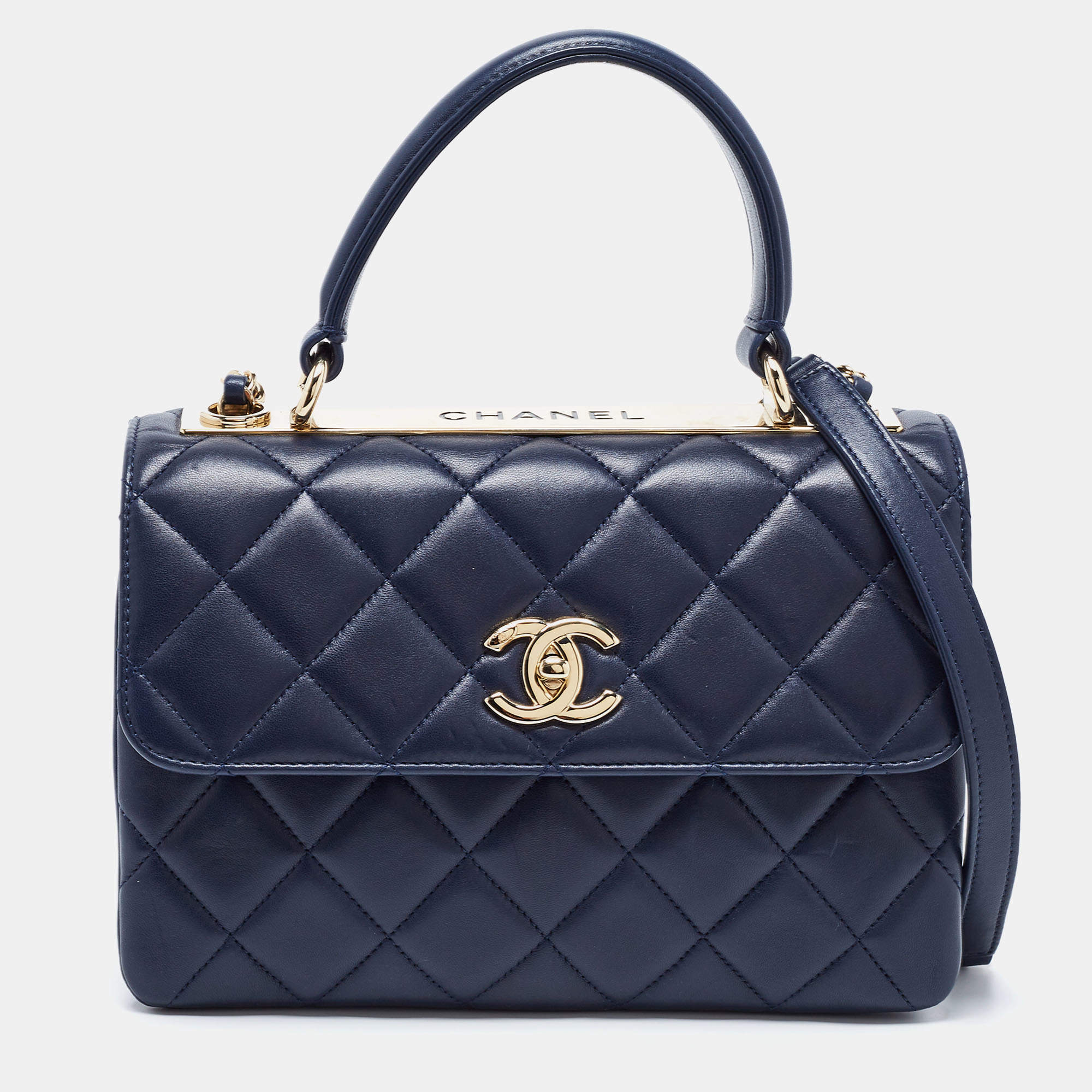 Pre Owned Chanel Navy Blue Quilted Lambskin Leather Small Trendy CC Flap Top Handle Bag