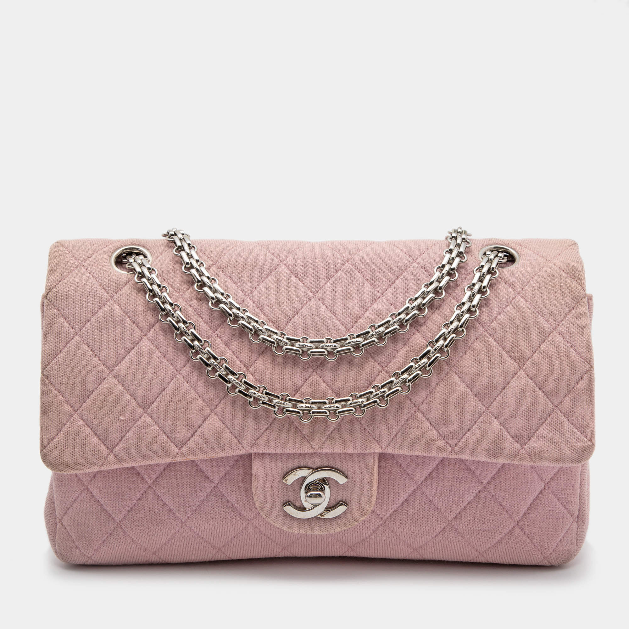 Pre Owned Chanel Light Pink Quilted Jersey Medium Classic Double Flap Bag