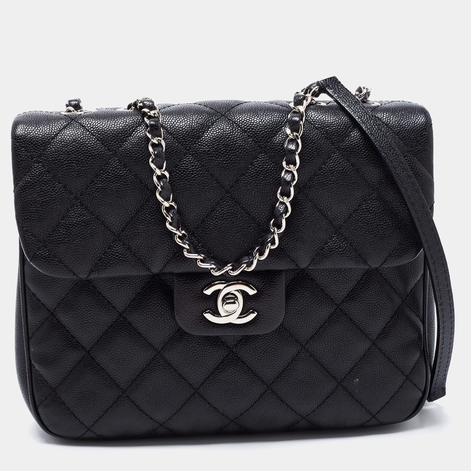 Pre Owned Chanel Black Quilted Caviar Leather Square Flap Bag