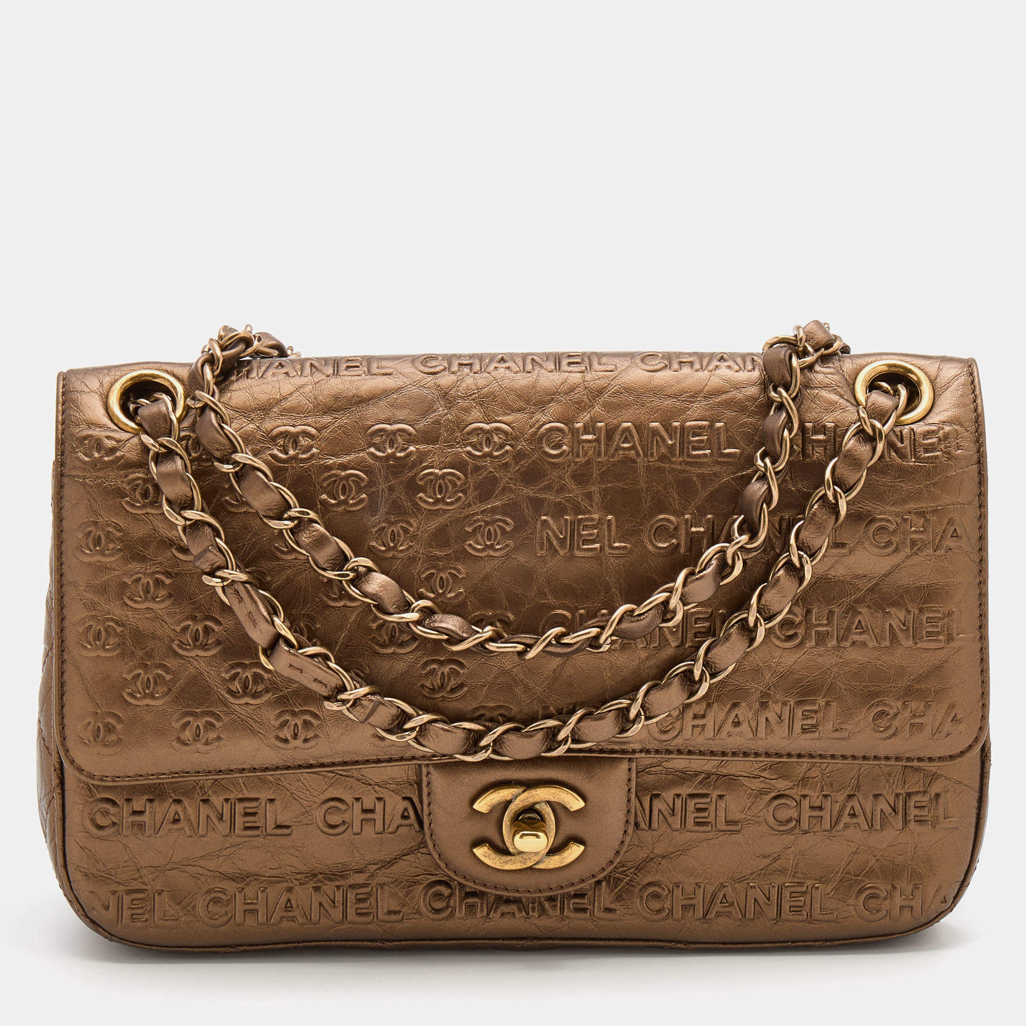 Chanel Metallic Bronze Leather Logo Embossed Flap Bag