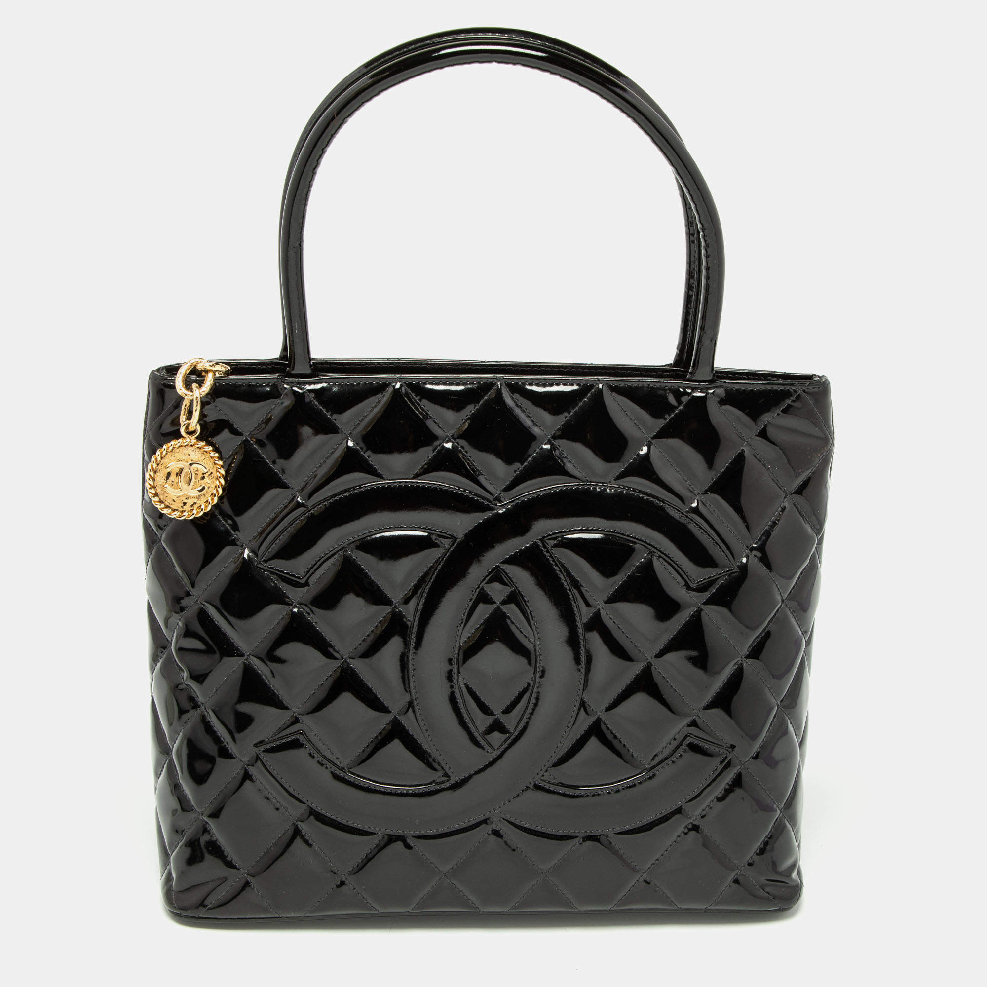 Pre Owned Chanel Black Patent Leather Medallion Tote